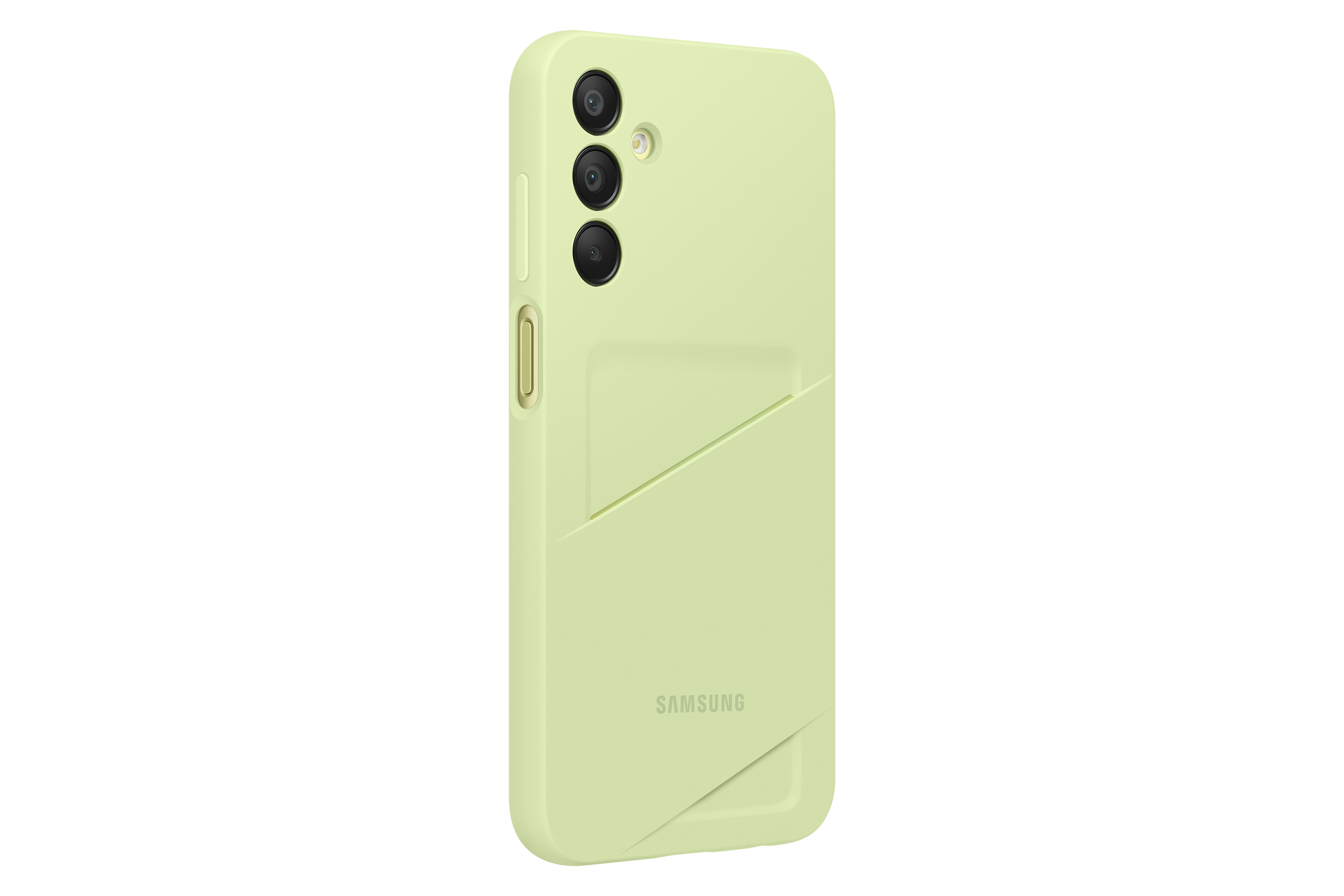 Una funda de teléfono verde claro con un bolsillo en la parte trasera. Un logotipo de Samsung es visible.