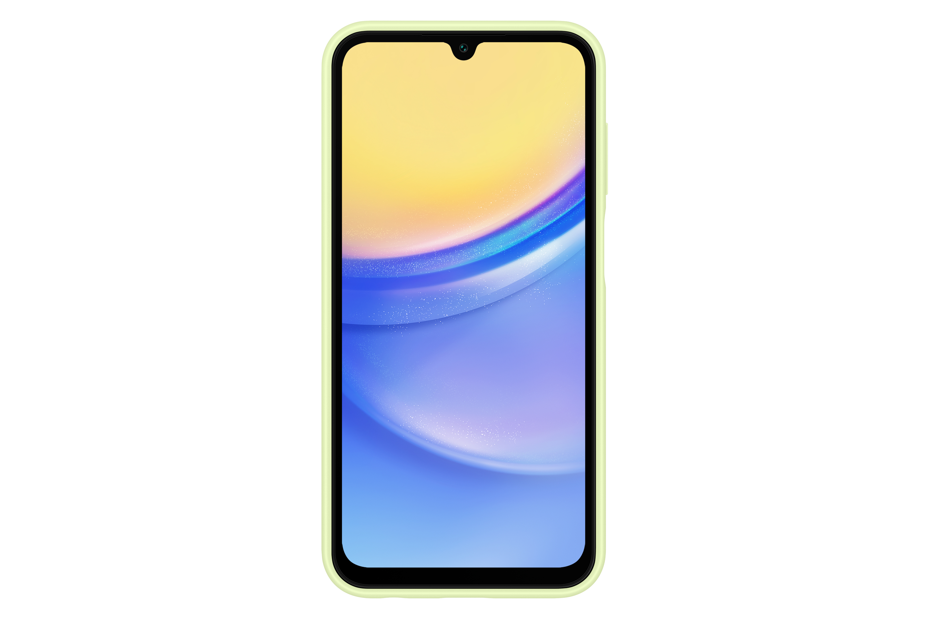 Un smartphone verde claro con pantalla degradada amarilla y azul.