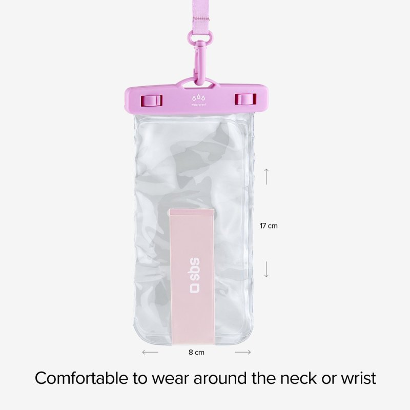 Transparente, pinke, wasserdichte Handytasche mit Maßen und pinkem Band, für Hals oder Handgelenk.