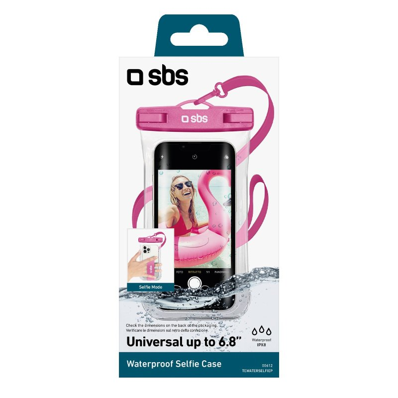 Verpackung für wasserdichte Selfie-Hülle in Pink, zeigt ein Handy mit einer Frau im Pool, rosa Schwimmer.