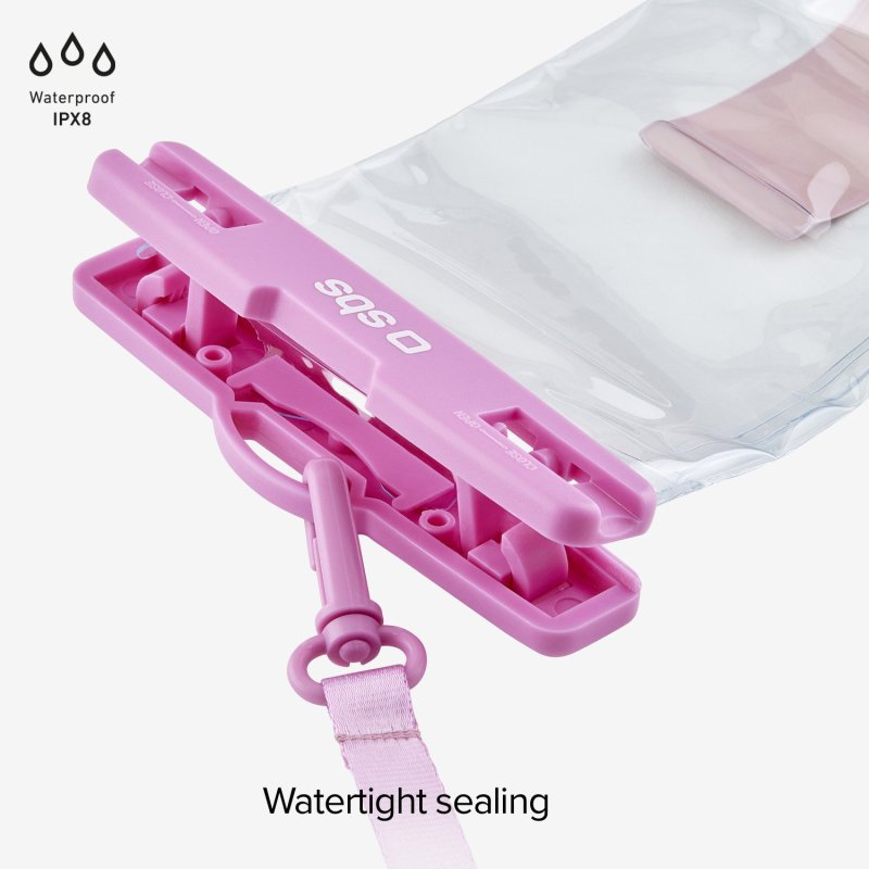Eine rosa wasserdichte Tasche mit rosa Verschlussmechanismus und Umhängeband.