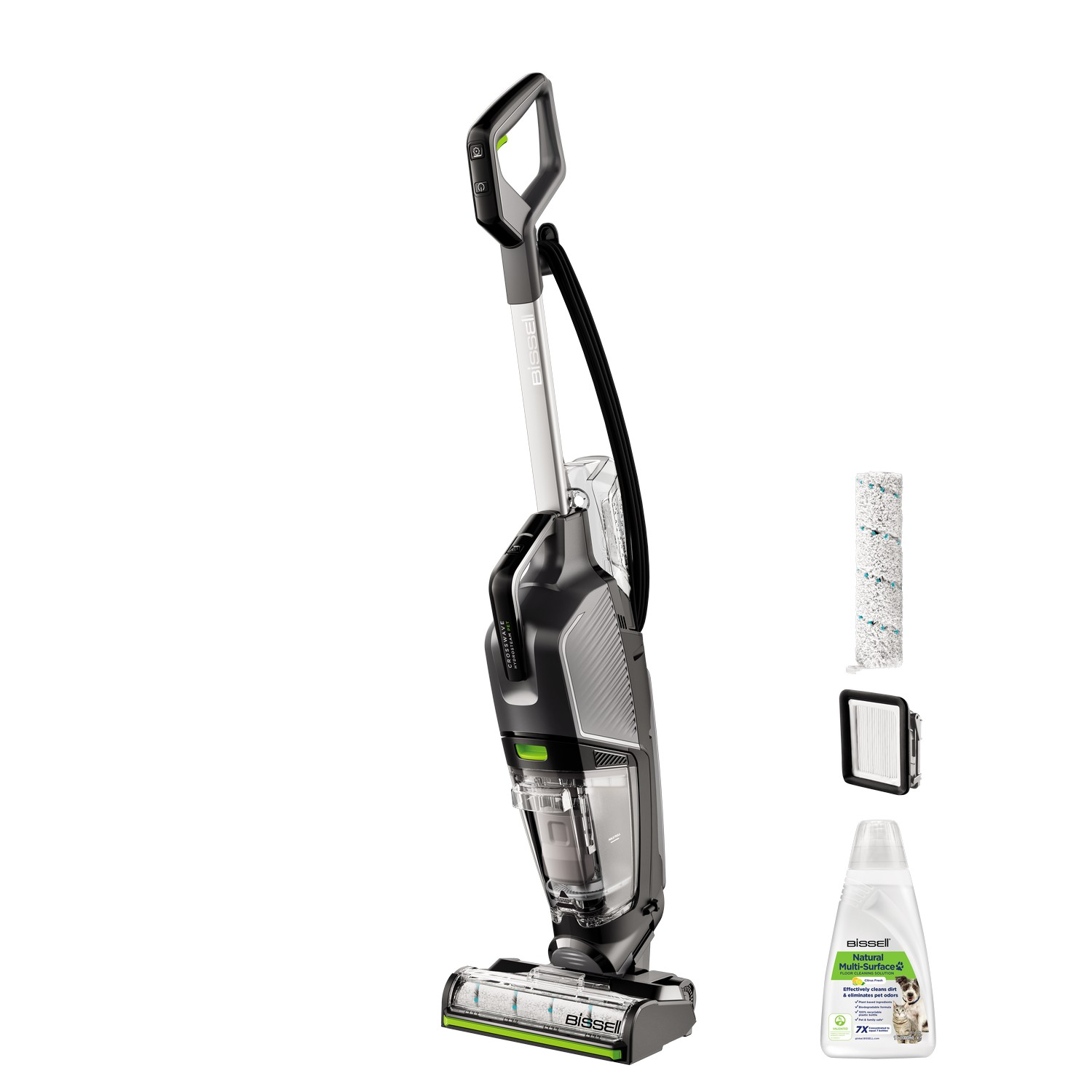 Een zwart-grijze Bissell CrossWave vloerreiniger. Accessoires zijn onder meer een roller, een filter en reinigingsoplossing.