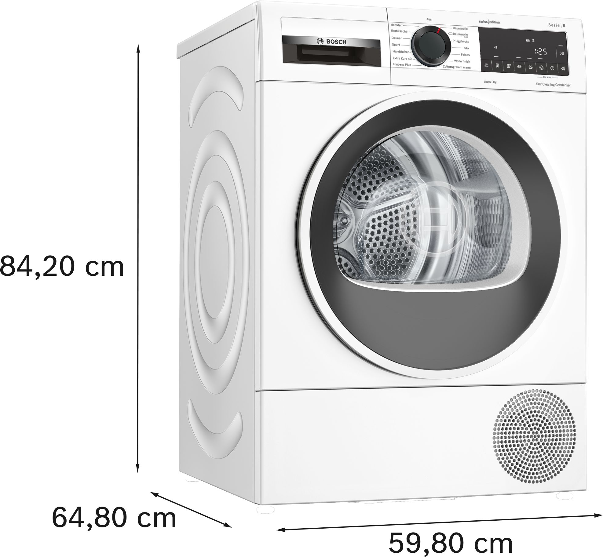 Sèche-linge Bosch blanc avec dimensions, montrant les vues avant et latérales, et détails du panneau de commande.