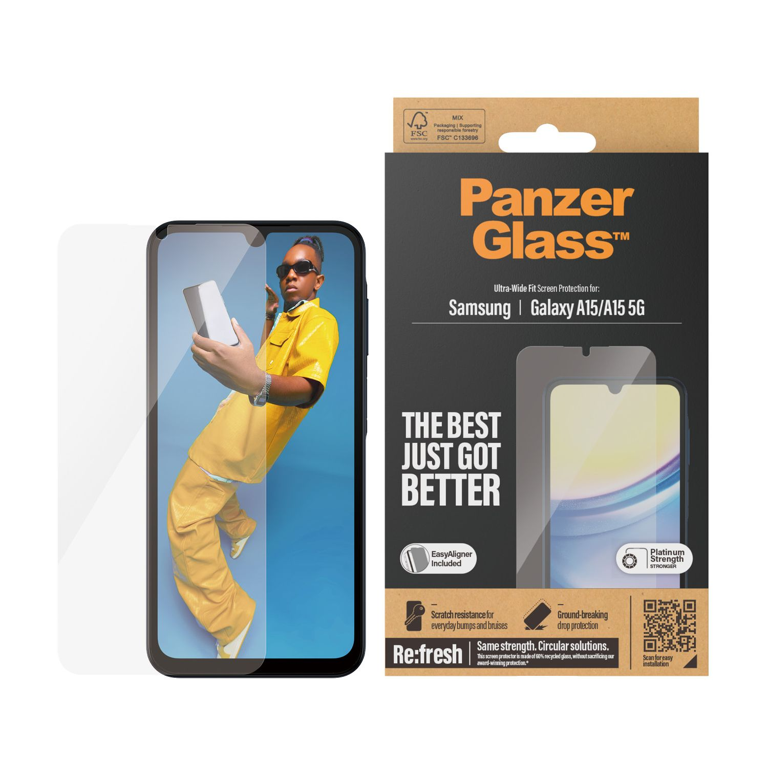 Téléphone avec boîte de protection d'écran. Un homme en chemise jaune se reflète sur l'écran du téléphone.