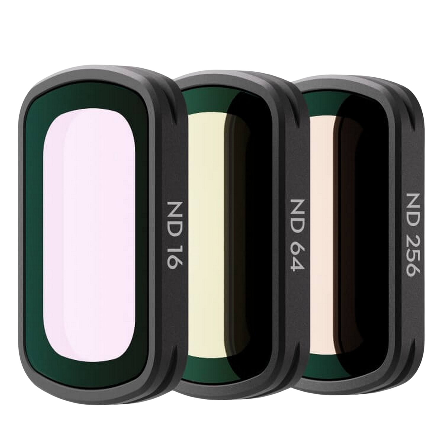 Drie zwarte cameralensfilters met verschillende lichtsterktes, gelabeld ND16, ND64 en ND256.