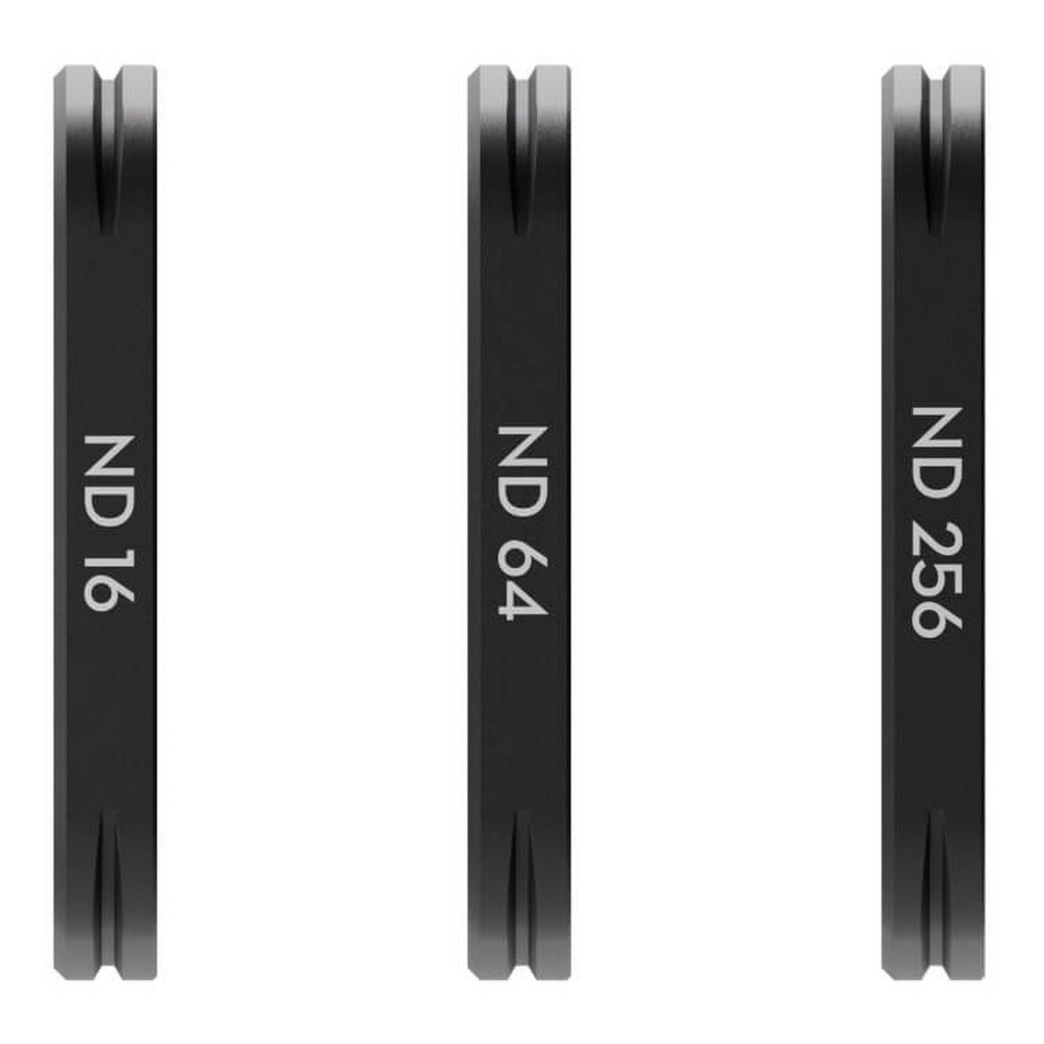 Drie zwarte filters met labels ND 16, ND 64 en ND 256. Ze zijn verticaal en hebben een inkeping.