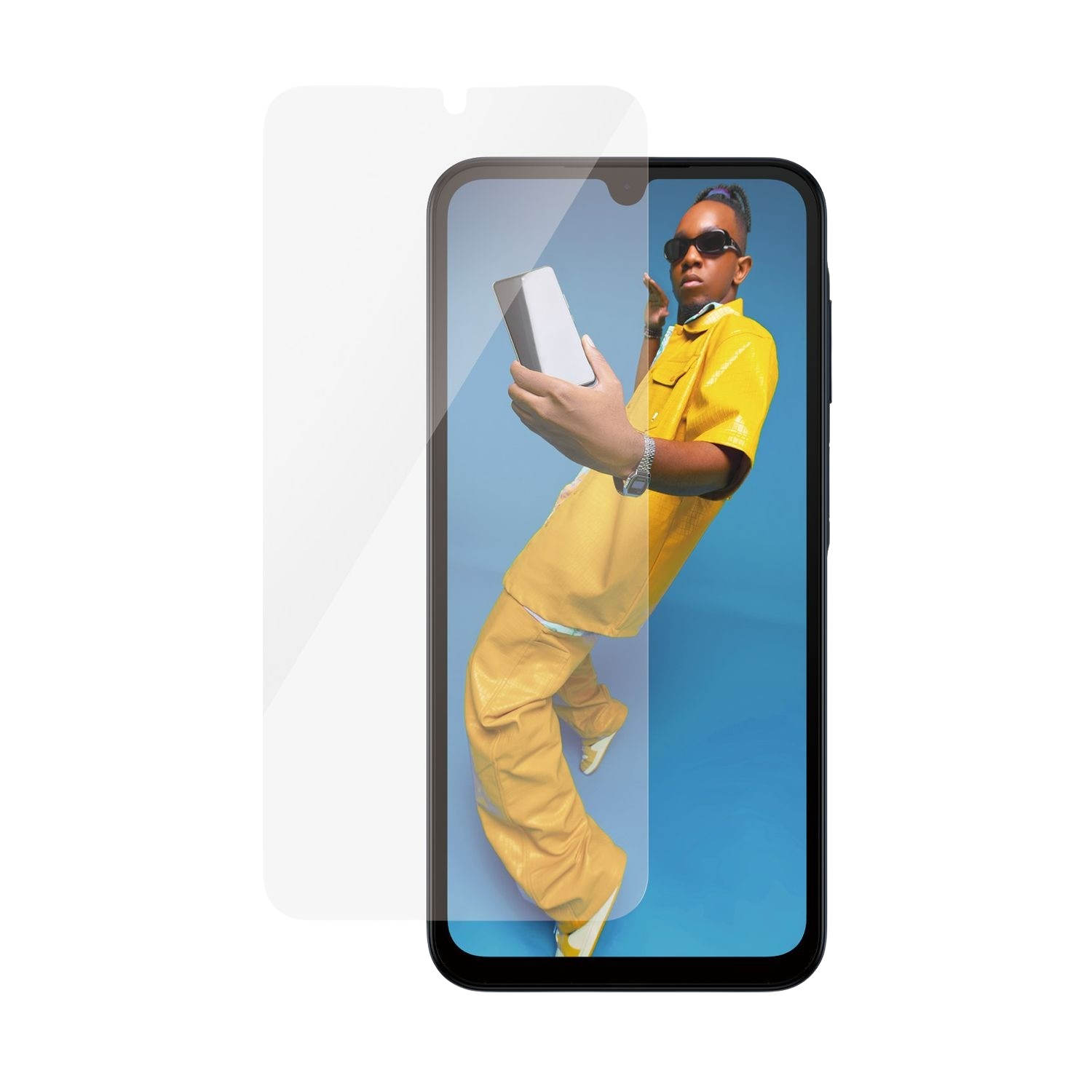 Téléphone avec protecteur d'écran et un homme en vêtements jaunes tenant un téléphone.