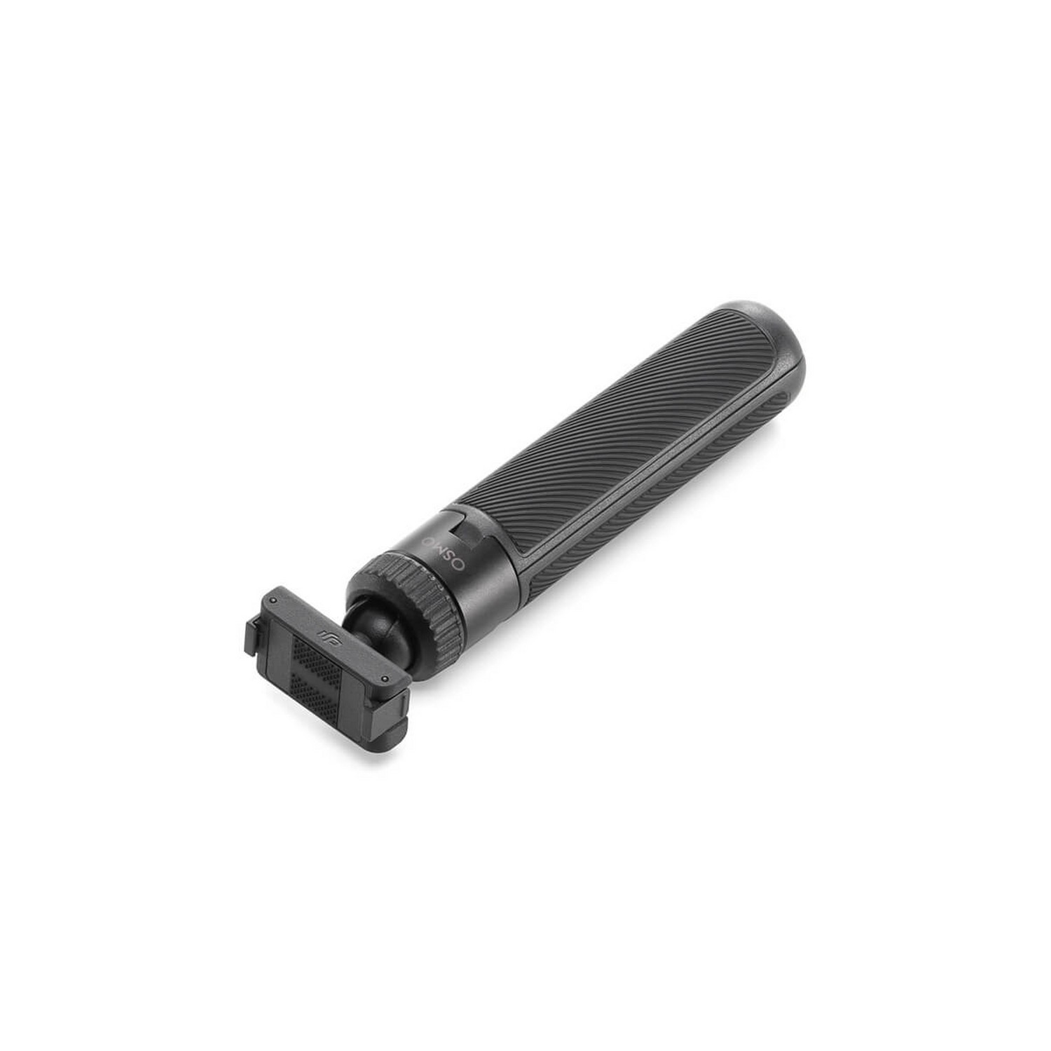 Black, ribbed handle camera stabilizer. Head has a small camera mount.