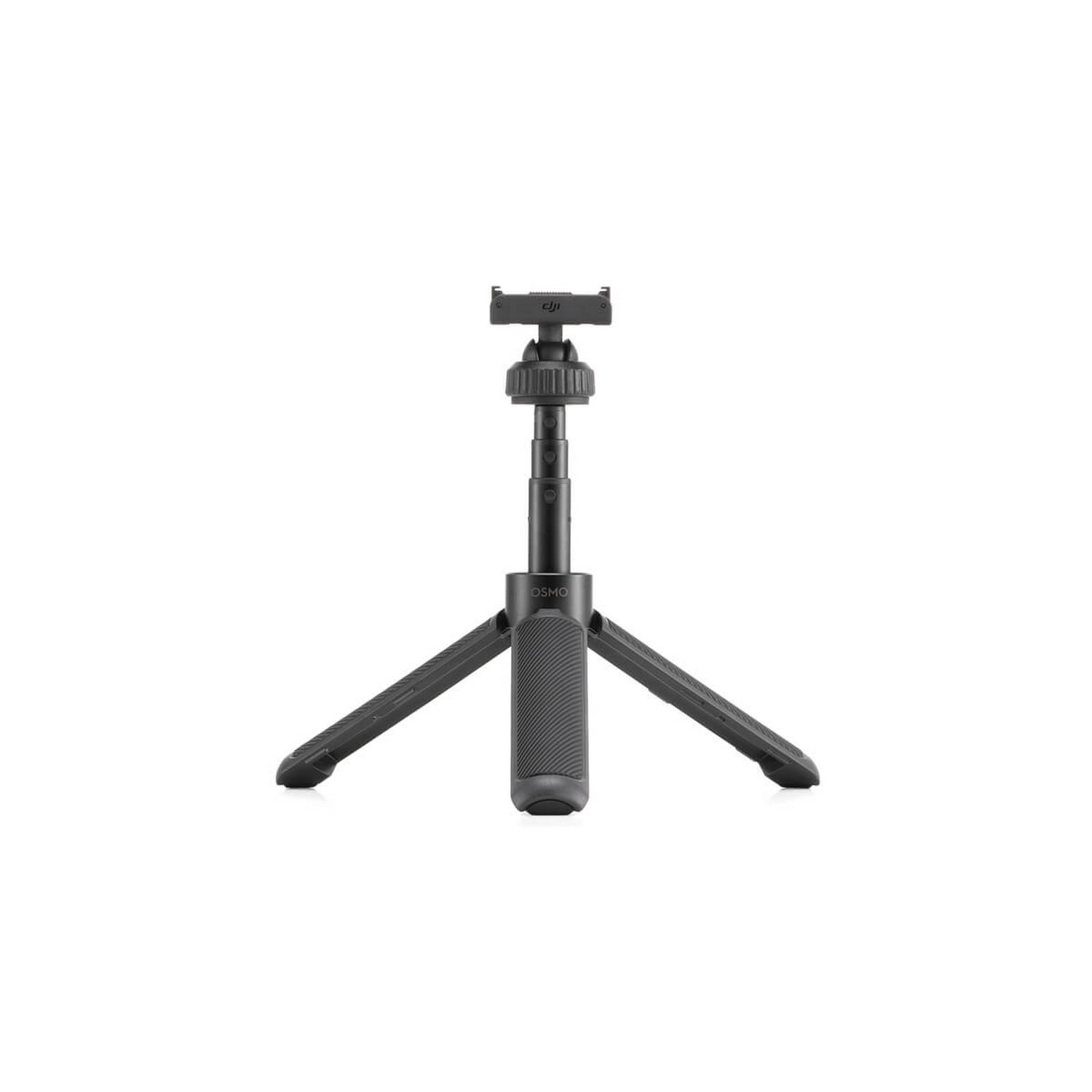 A black DJI Osmo mobile tripod, extended, on white.