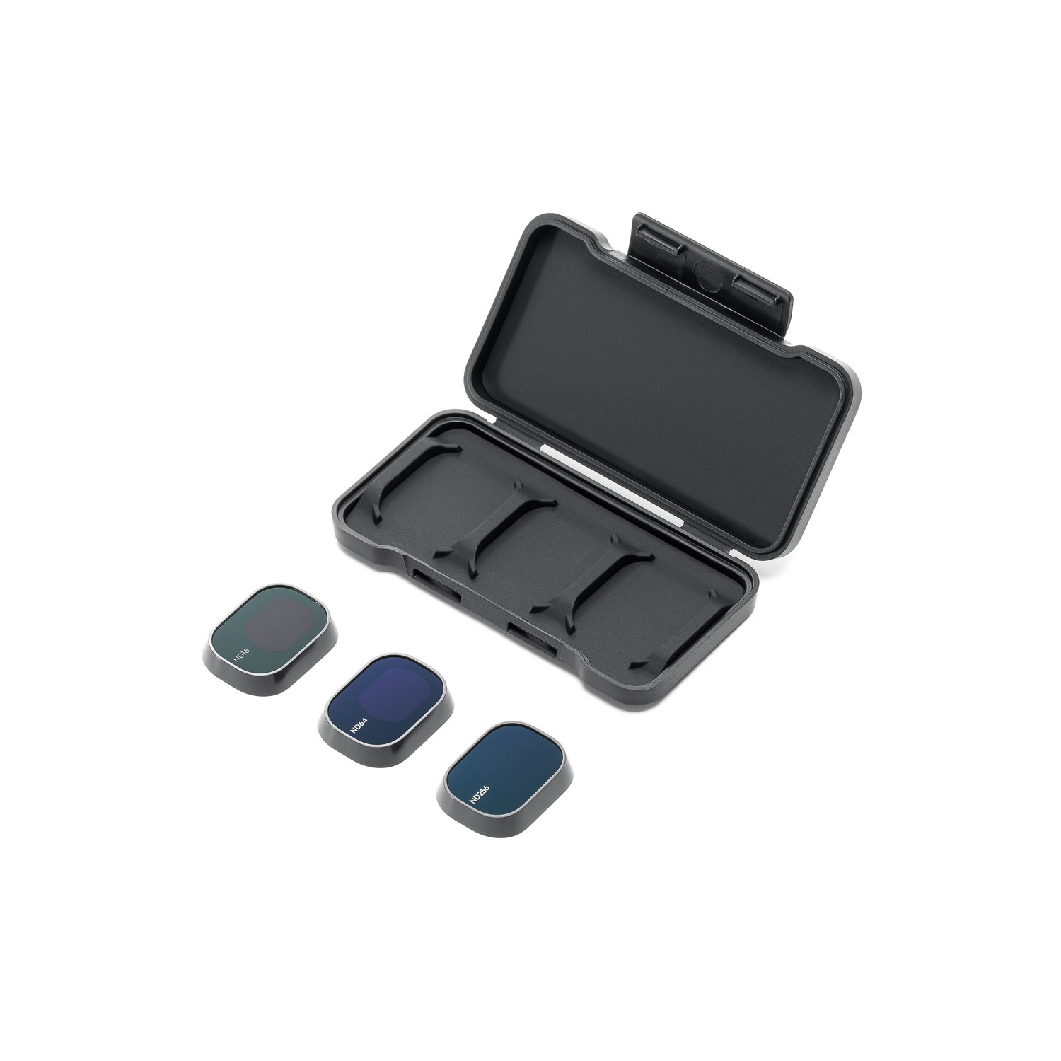 A black case open with three filters inside and three additional filters next to the case.