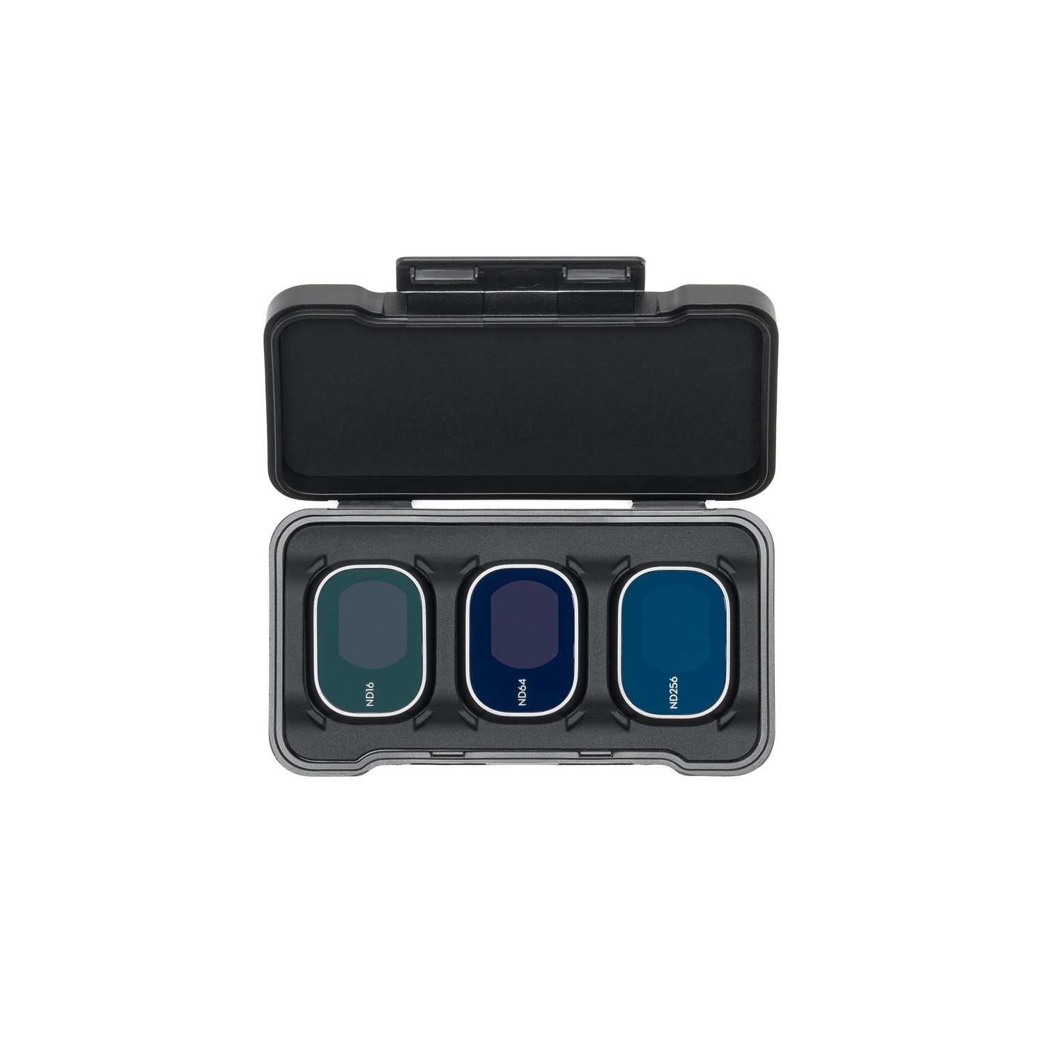 A black case containing three blue camera filters. The case is open.