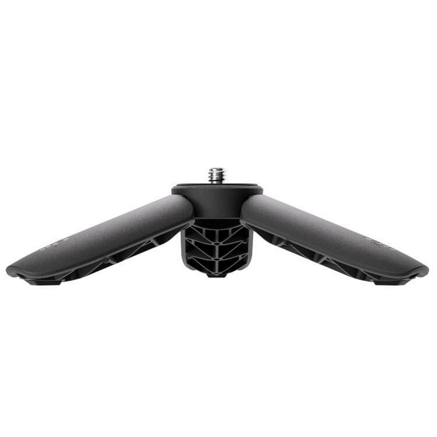 Mini tripod with black legs spread out. The base is black with a screw to attach a camera.