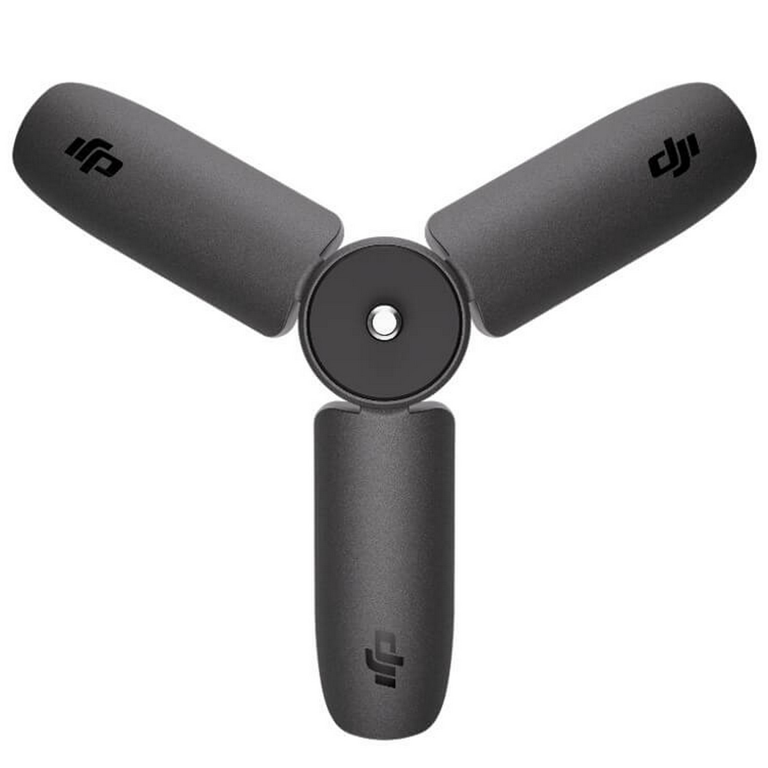 A drone propeller assembly with three angled blades, each marked with a DJI logo, connected to a hub.