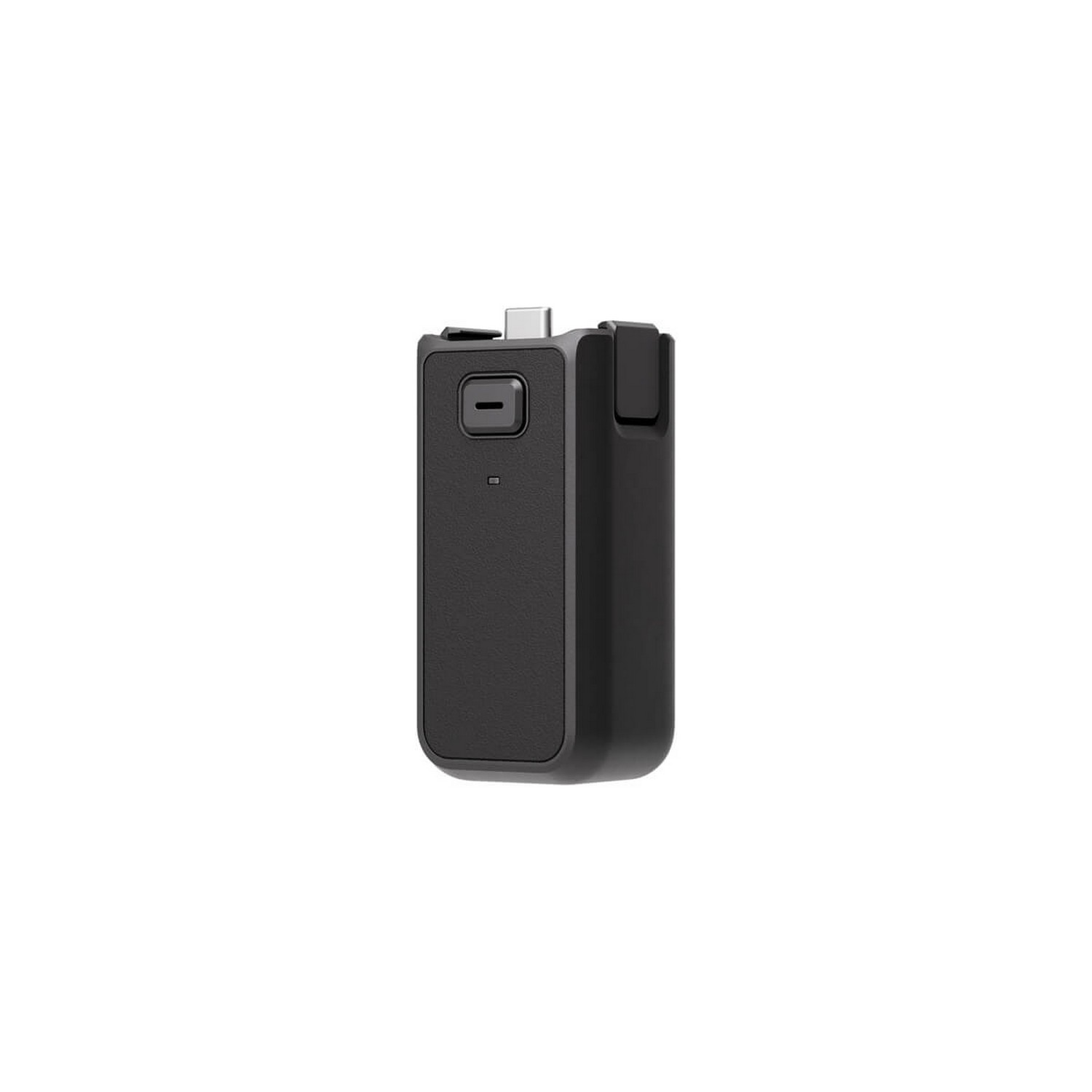 Appareil rectangulaire noir avec un port USB-C et un bouton sur un côté, isolé sur fond blanc.
