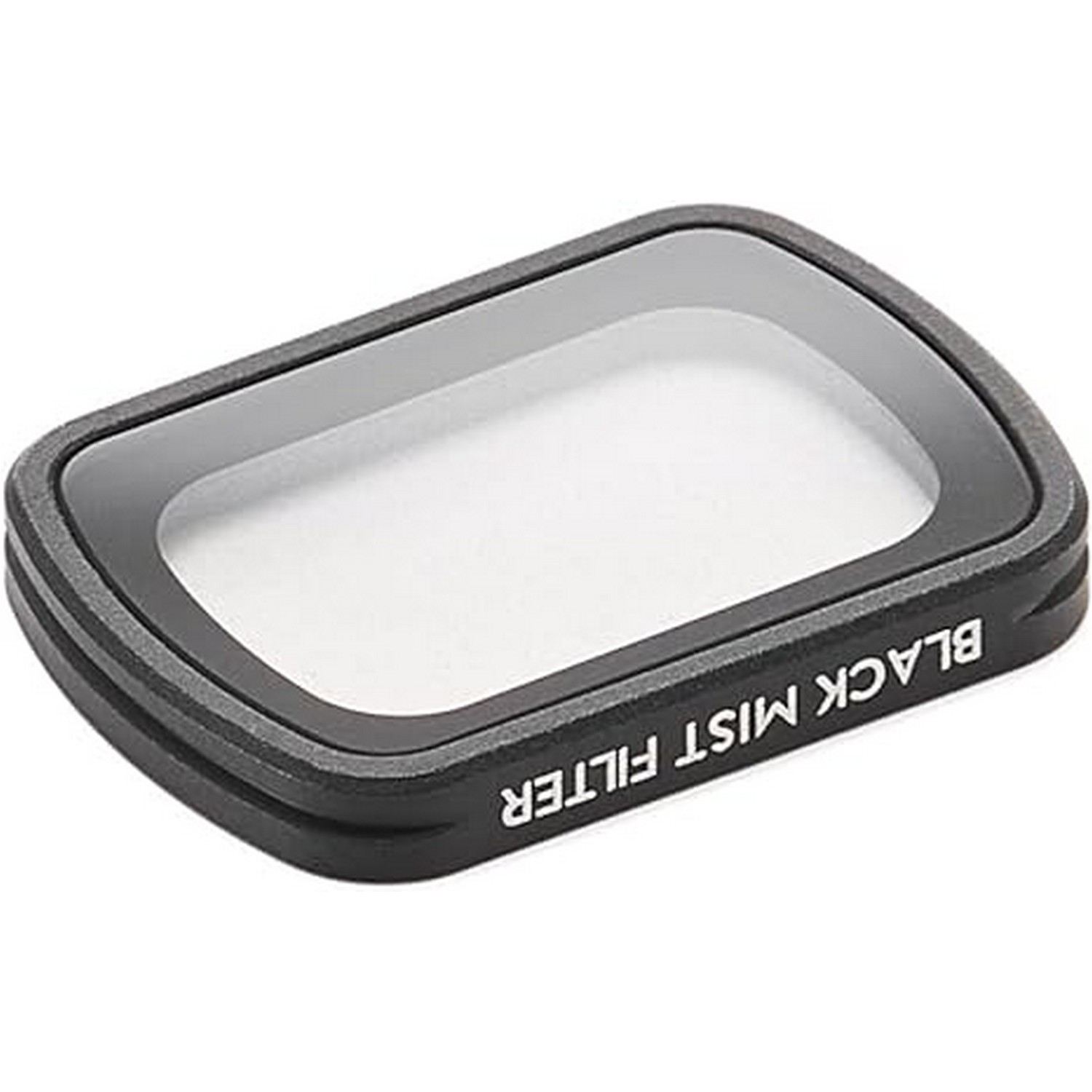 Black mist filter for a camera lens. It is rectangular and has threads for attachment.