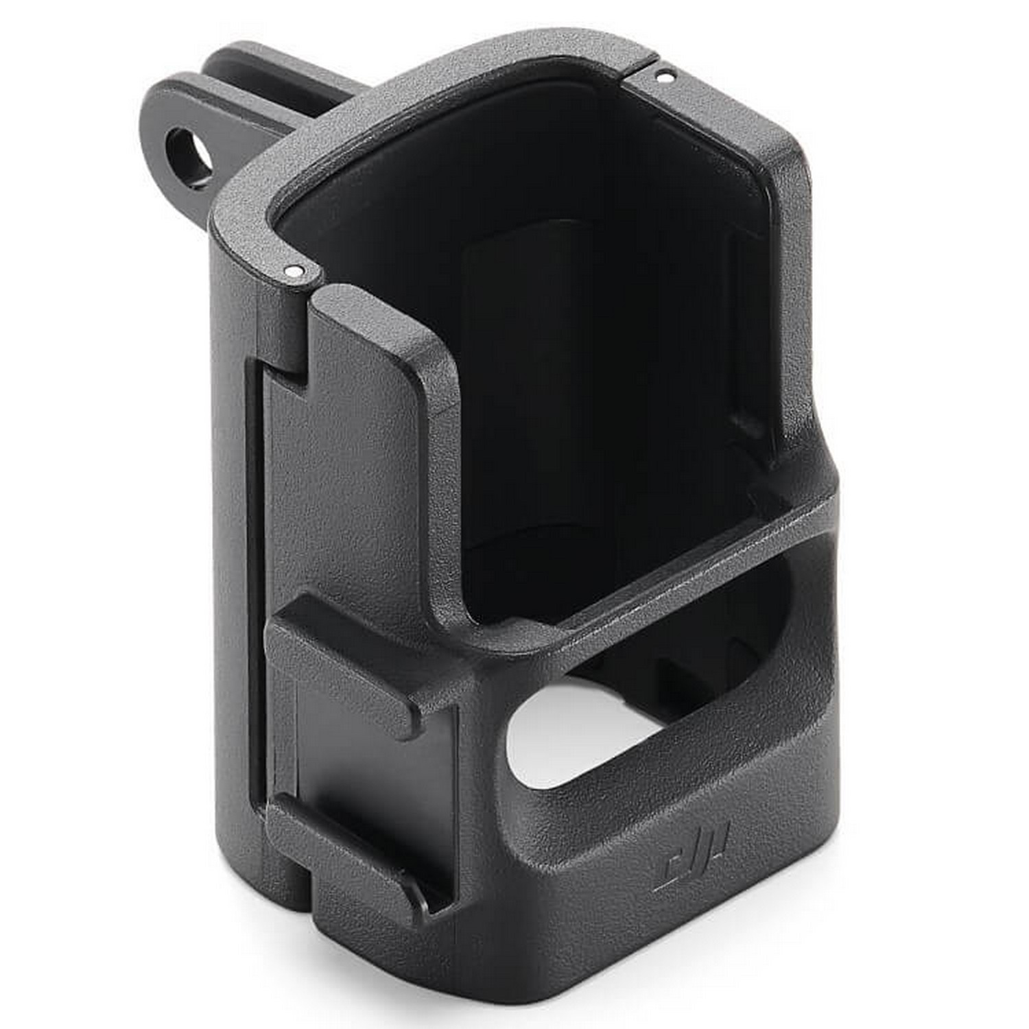 Un boîtier de caméra GoPro en plastique noir avec un support de montage.