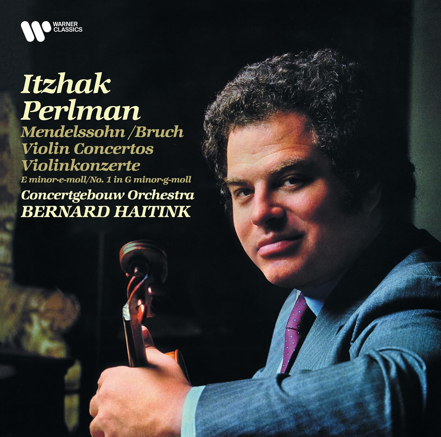Itzhak Perlman portréja hegedűvel, album borító szöveggel, sötét háttérrel.