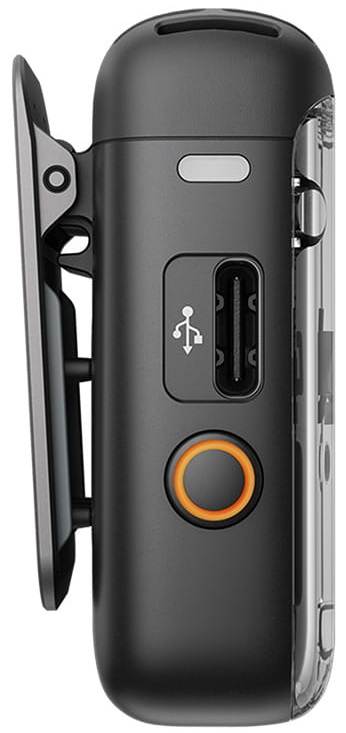 Widok z boku czarnego urządzenia z klipsem i portem ładowania.