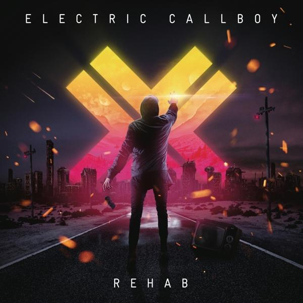 Albumcover für 'Rehab' von Electric Callboy. Zeigt eine Person, die nach einem großen X-Symbol greift.