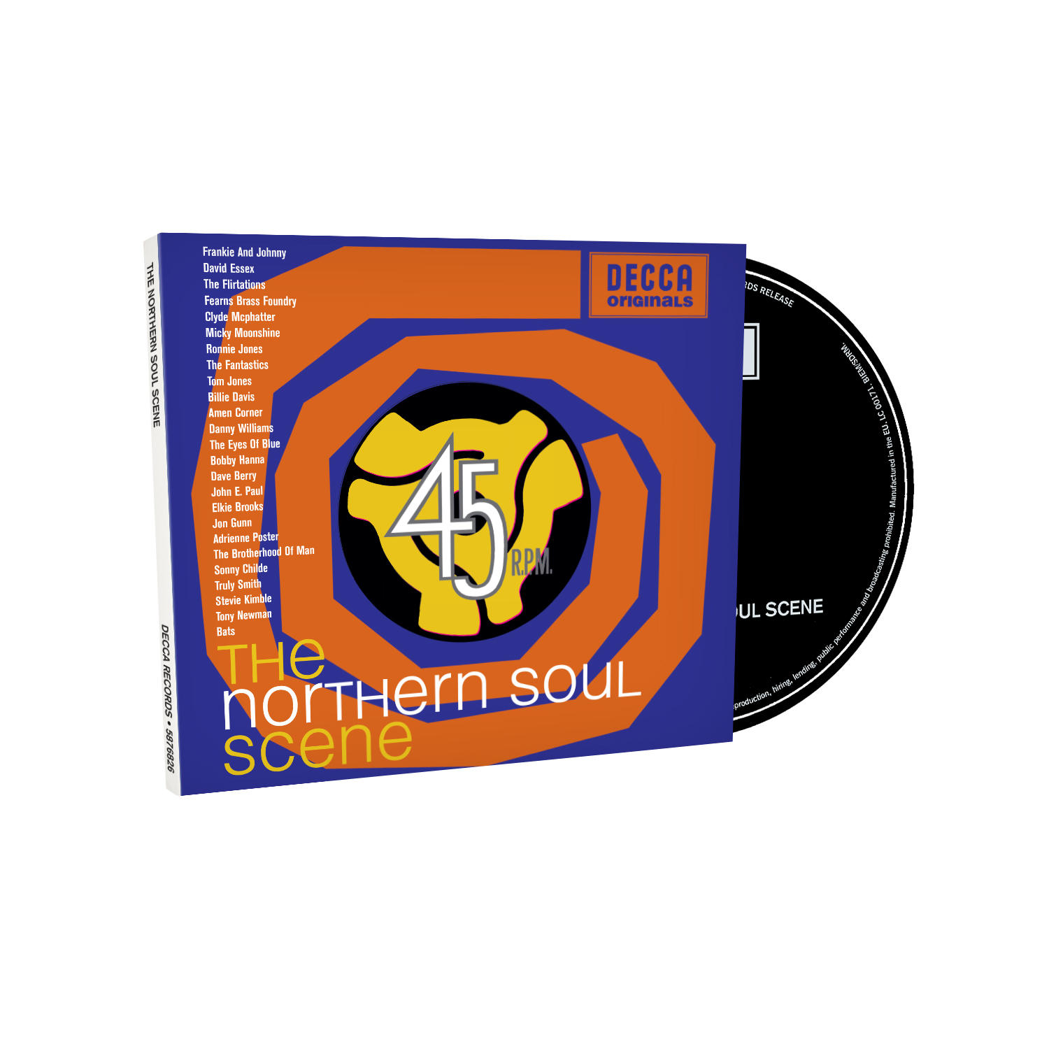 Albumcover mit Text und zentralem Design. Eine CD liegt daneben. Decca Originals Label.