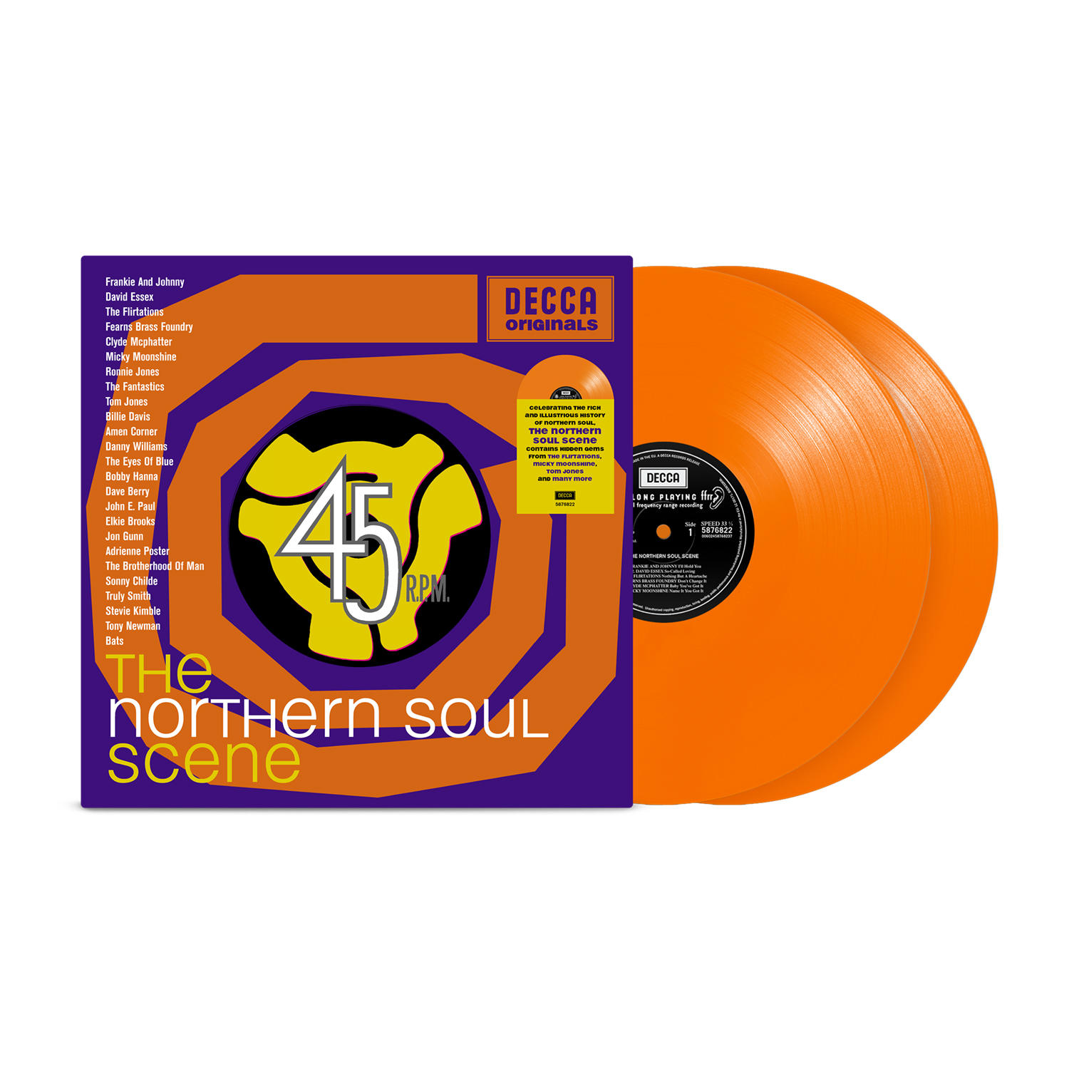 Orangefarbene Schallplatten. Albumcover, The Northern Soul Scene, mit 45 RPM Logo.