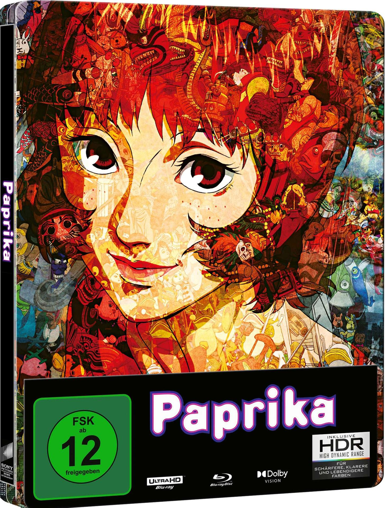 Ein Filmcover mit einer jungen Frau mit einer komplexen Collage auf ihrem Gesicht.