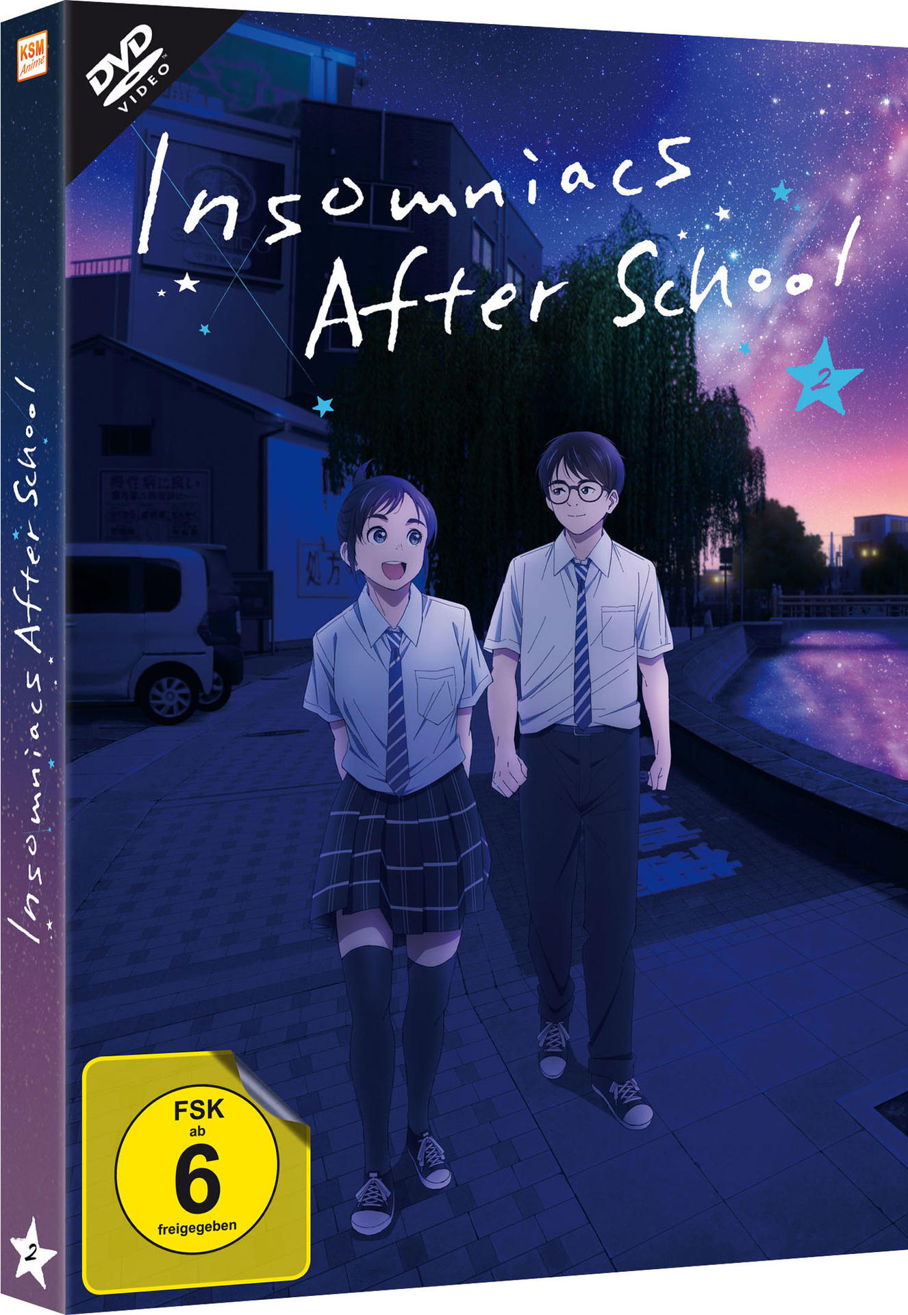 DVD-Hülle von 'Insomniacs After School' mit zwei Anime-Charakteren, die spazieren gehen.