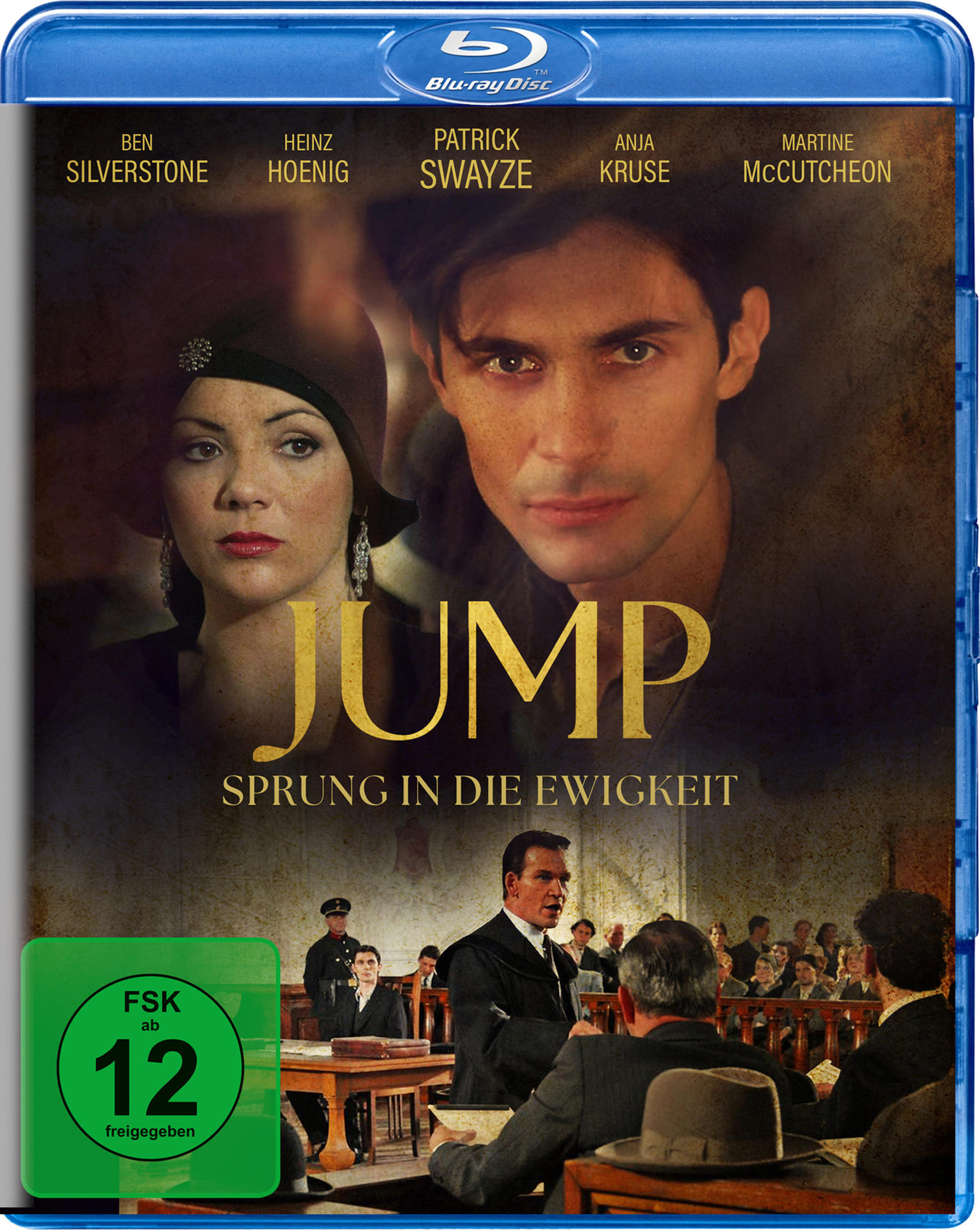 Blu-ray-Cover für 'Jump'. Schauspieler, Gerichtsszene und Filmtitel.