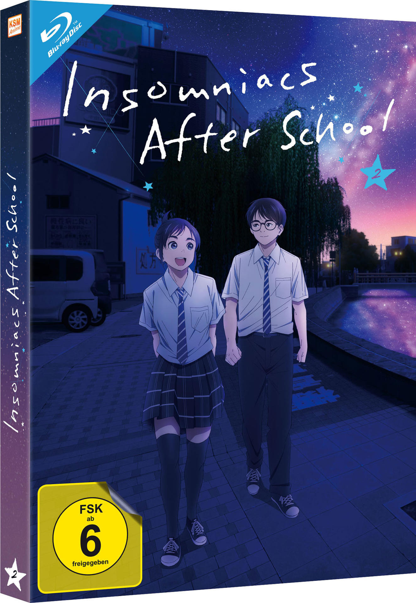 Anime Blu-ray-Hülle. Zwei Charaktere gehen auf der Straße, Nachtszene mit Sternen und Stadtlichtern.