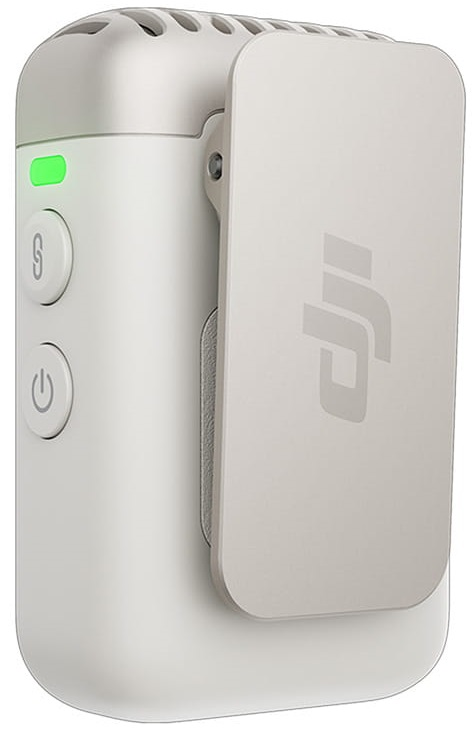 Małe, białe urządzenie z przyciskami, klipsem i logo. Świeci się zielone światło.