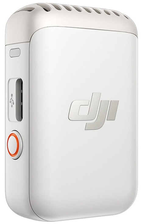 Białe urządzenie DJI z przyciskiem i portami z boku, z logo DJI.