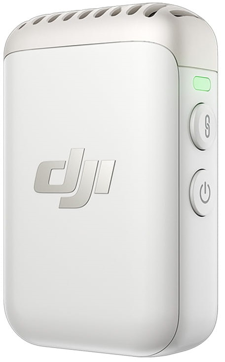 Białe urządzenie z przyciskami i logo. Zielone światło na górze. Na białym tle.