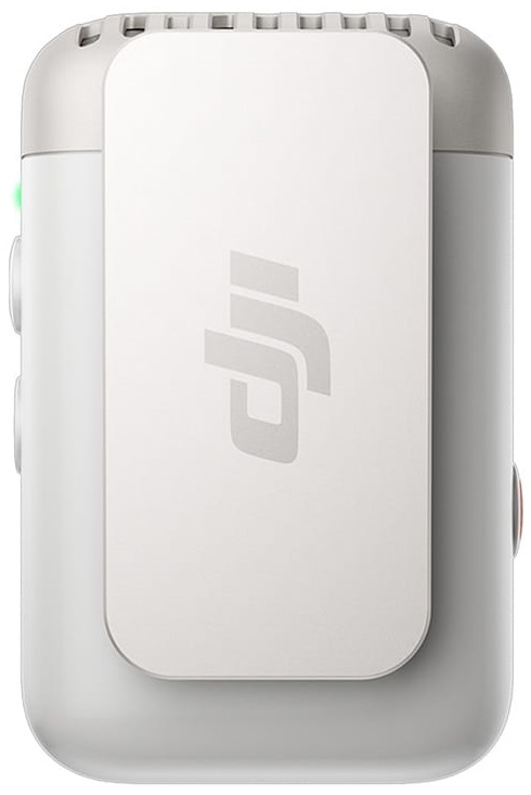 Białe prostokątne urządzenie z klipsem. Małe logo z przodu. Czarne tło.