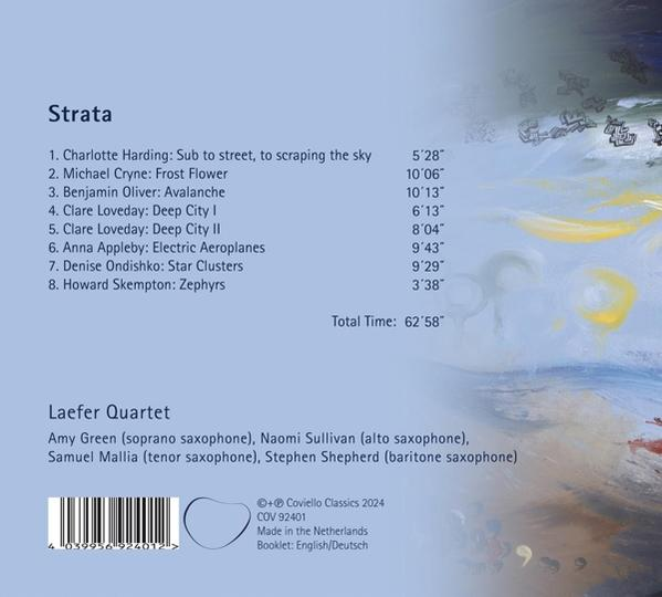 Album-Rückseite mit Titelliste, Ensemble und Barcode. Himmelblauer Hintergrund.