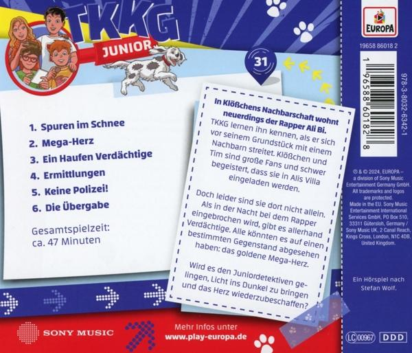 Die Rückseite eines TKKG Junior-Buches mit Text und einer Hundeillustration. Zeigt die Folgenliste.