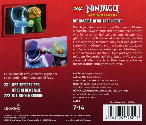 Die Rückseite eines Kinderbuchs mit Text über eine Lego Ninjago-Geschichte.