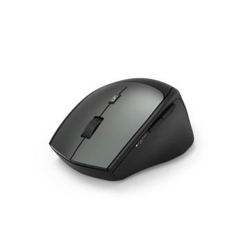 Souris d'ordinateur sans fil noire et grise, deux boutons, une molette de défilement et un logo.