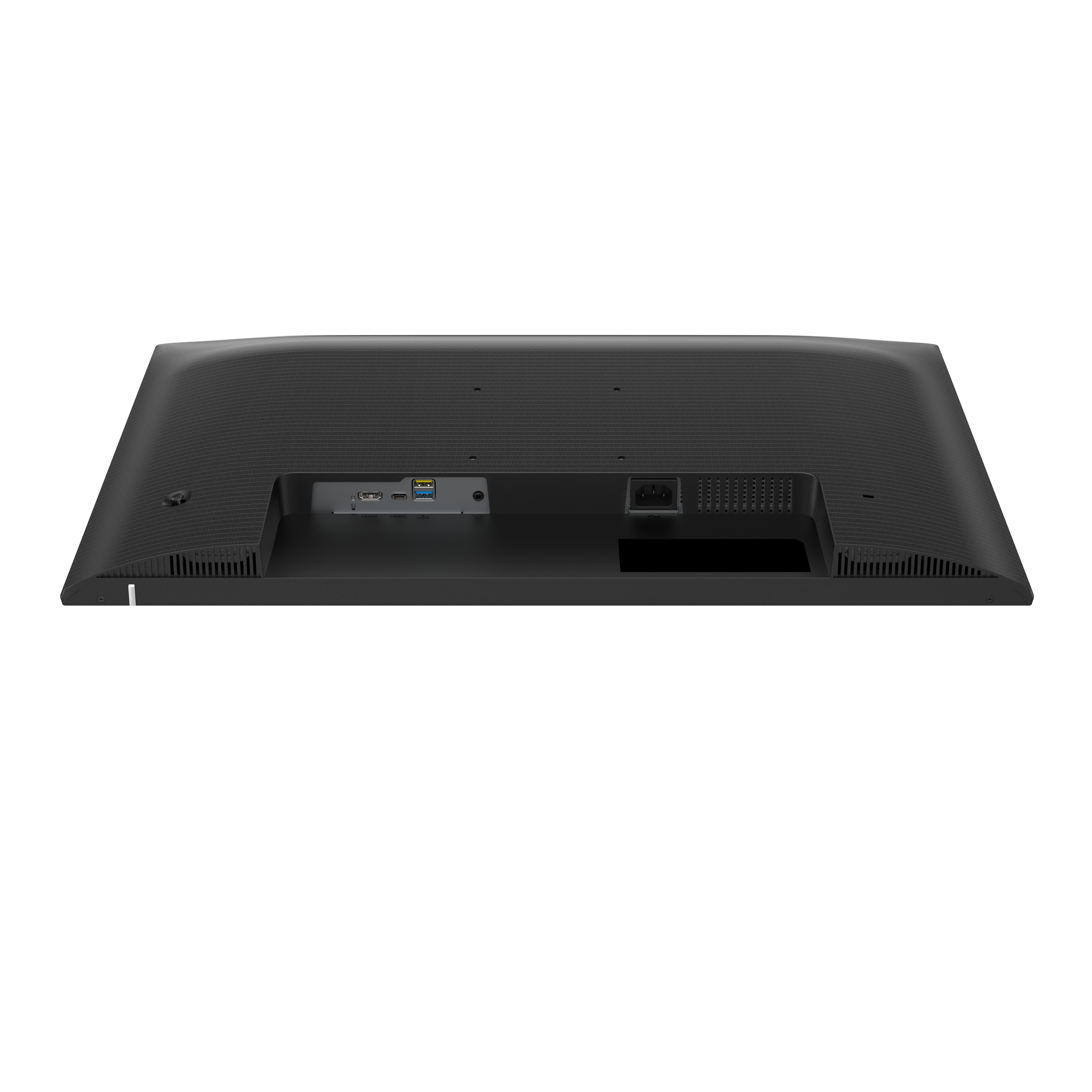 Rückseite eines schwarzen Monitors. Anschlüsse für HDMI, USB und Strom sind sichtbar.