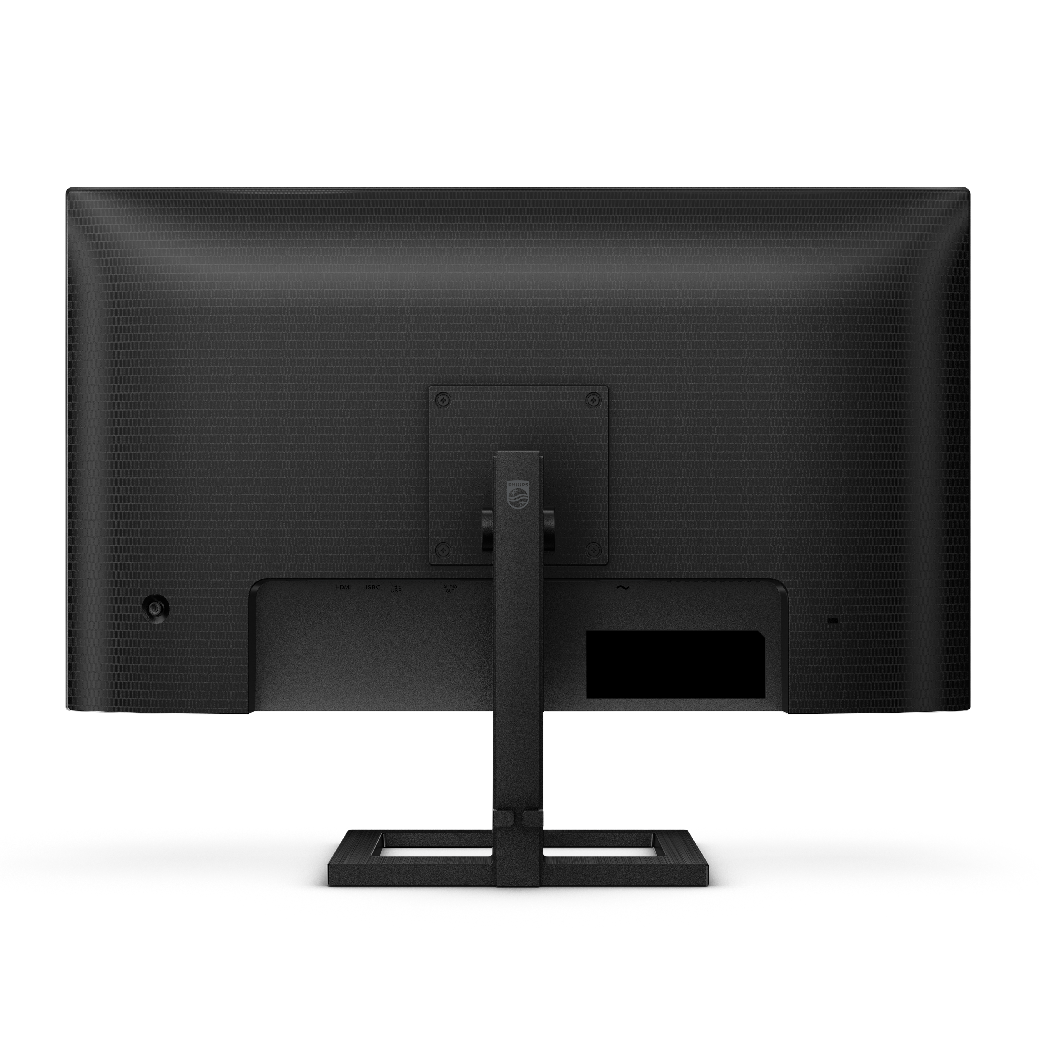 Rückseite eines schwarzen Computermonitors. Er hat einen Ständer und Anschlüsse. Das Philips-Logo ist in der Mitte.