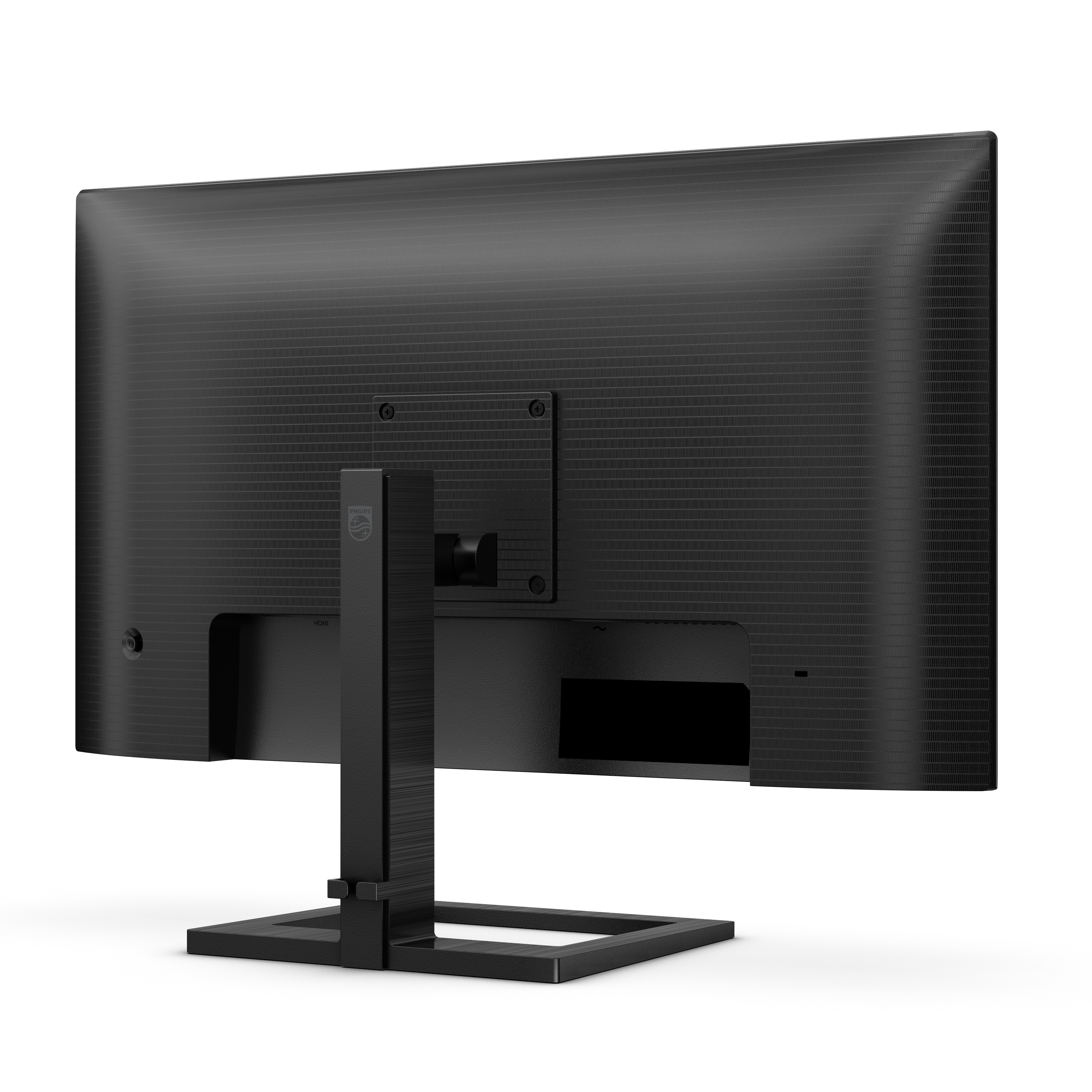 Schwarzer Computermonitor von hinten. Er hat einen Ständer und mehrere Anschlüsse unten.