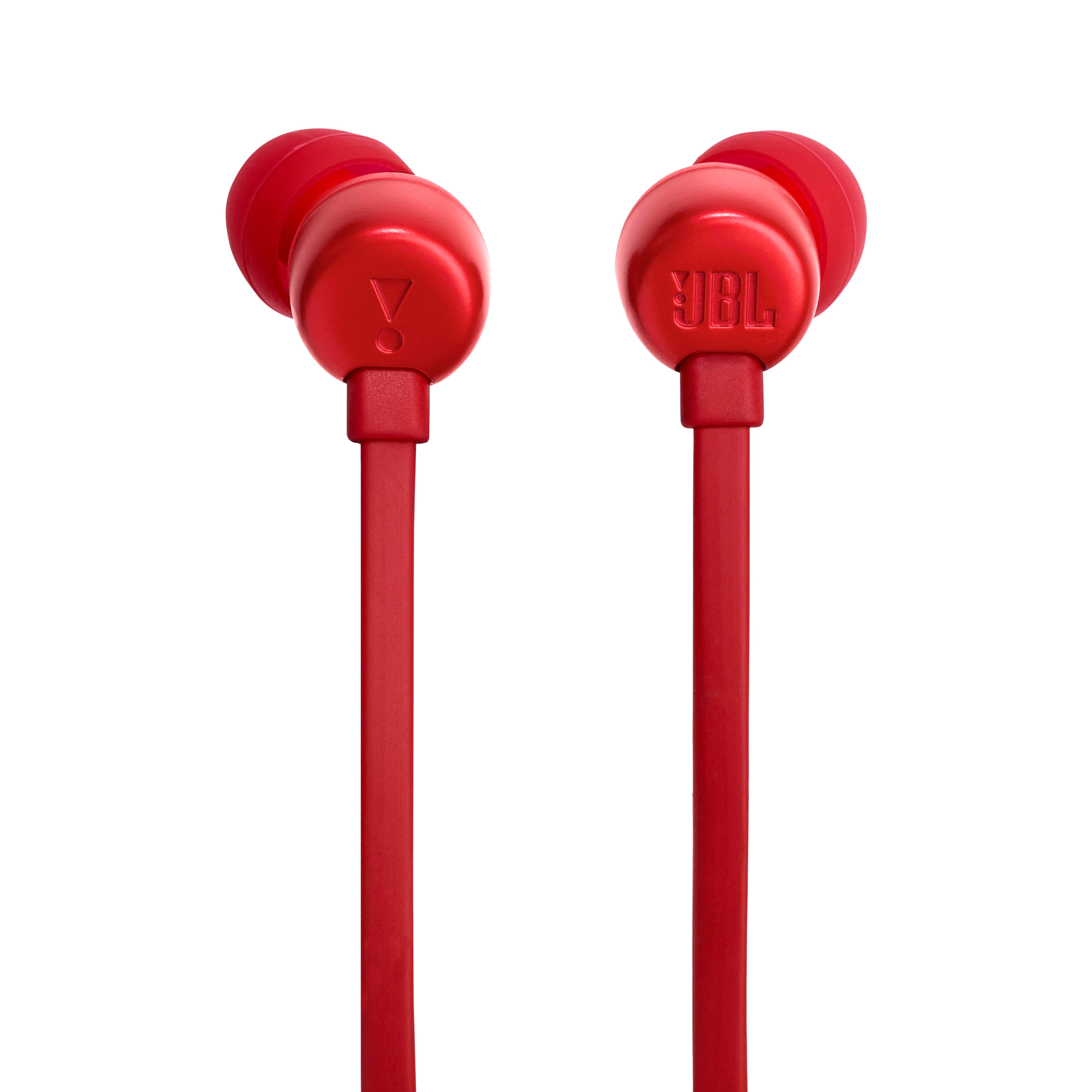 Rote JBL-Kopfhörer auf weißem Hintergrund. Das JBL-Logo ist auf beiden Ohrhörern sichtbar.