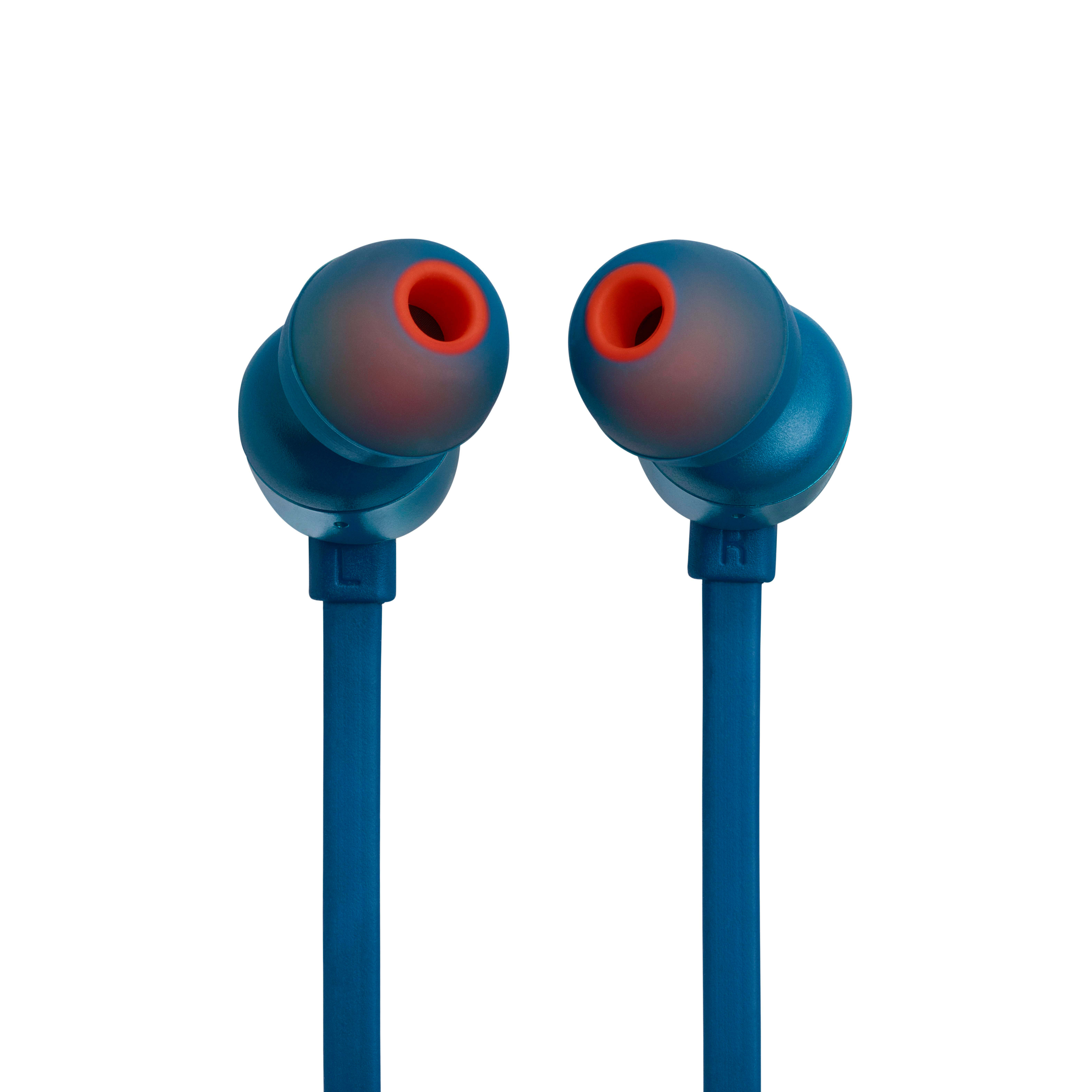 Blaue und rote Ohrhörer mit weißem Hintergrund. Die Ohrhörer sind nahe beieinander.
