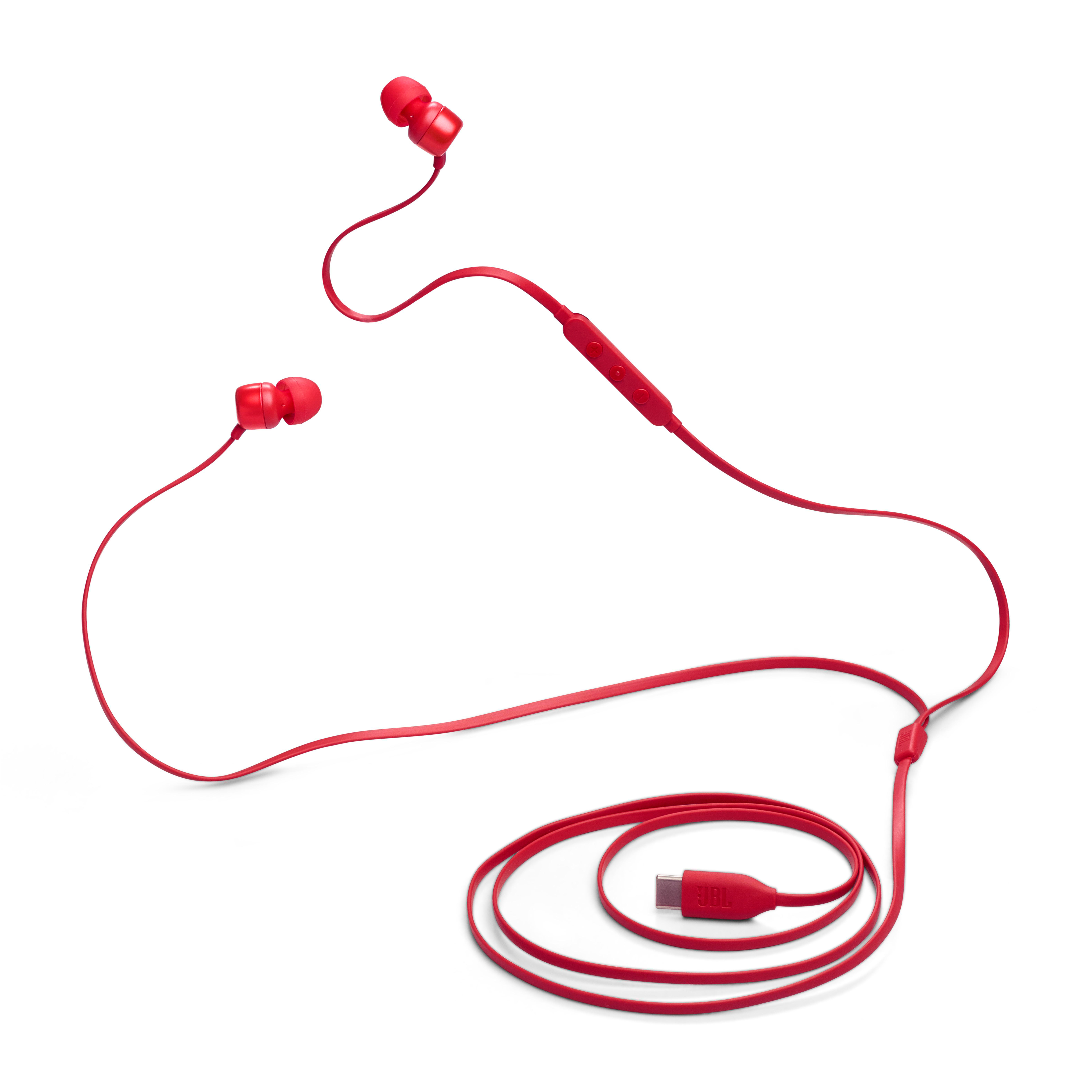 Rote In-Ear-Kopfhörer mit USB-C-Anschluss. Kabel ist rot und aufgerollt.