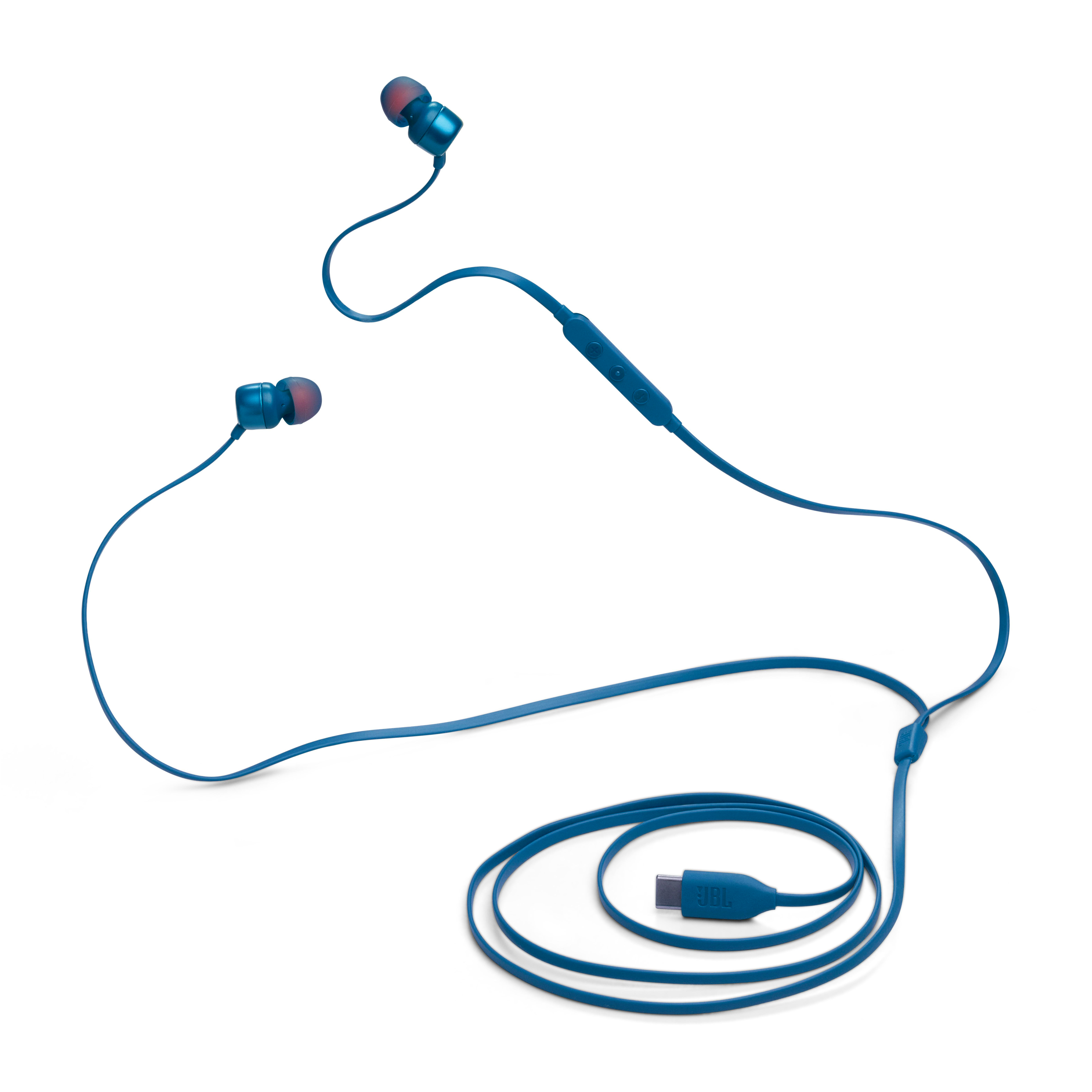 Blaue kabelgebundene Ohrhörer mit roten Spitzen, einem Steuermodul und einem USB-C-Anschluss.