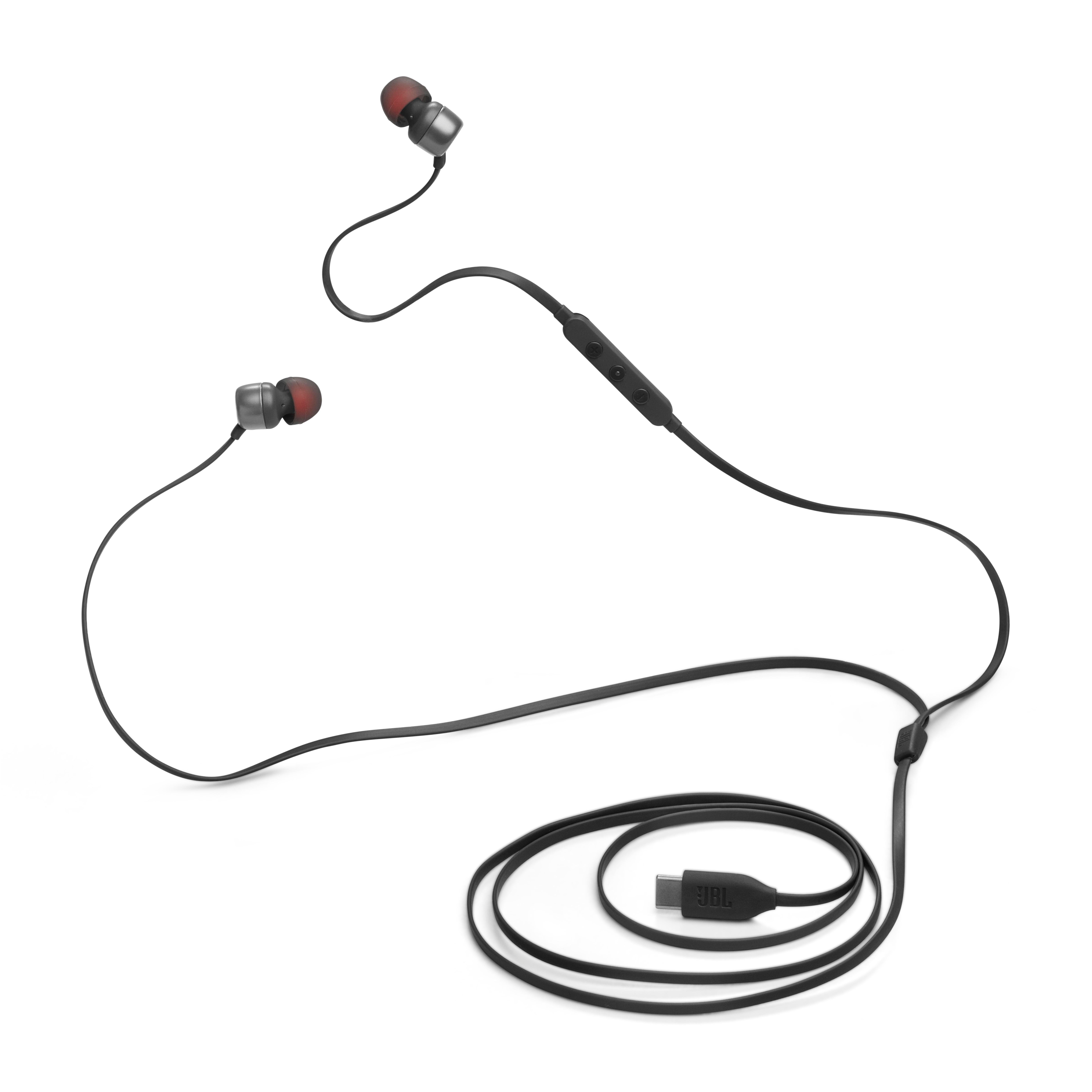 Schwarze Ohrhörer mit roten Spitzen und ein schwarzes Steuermodul auf einem schwarzen Kabel, weißer Hintergrund.