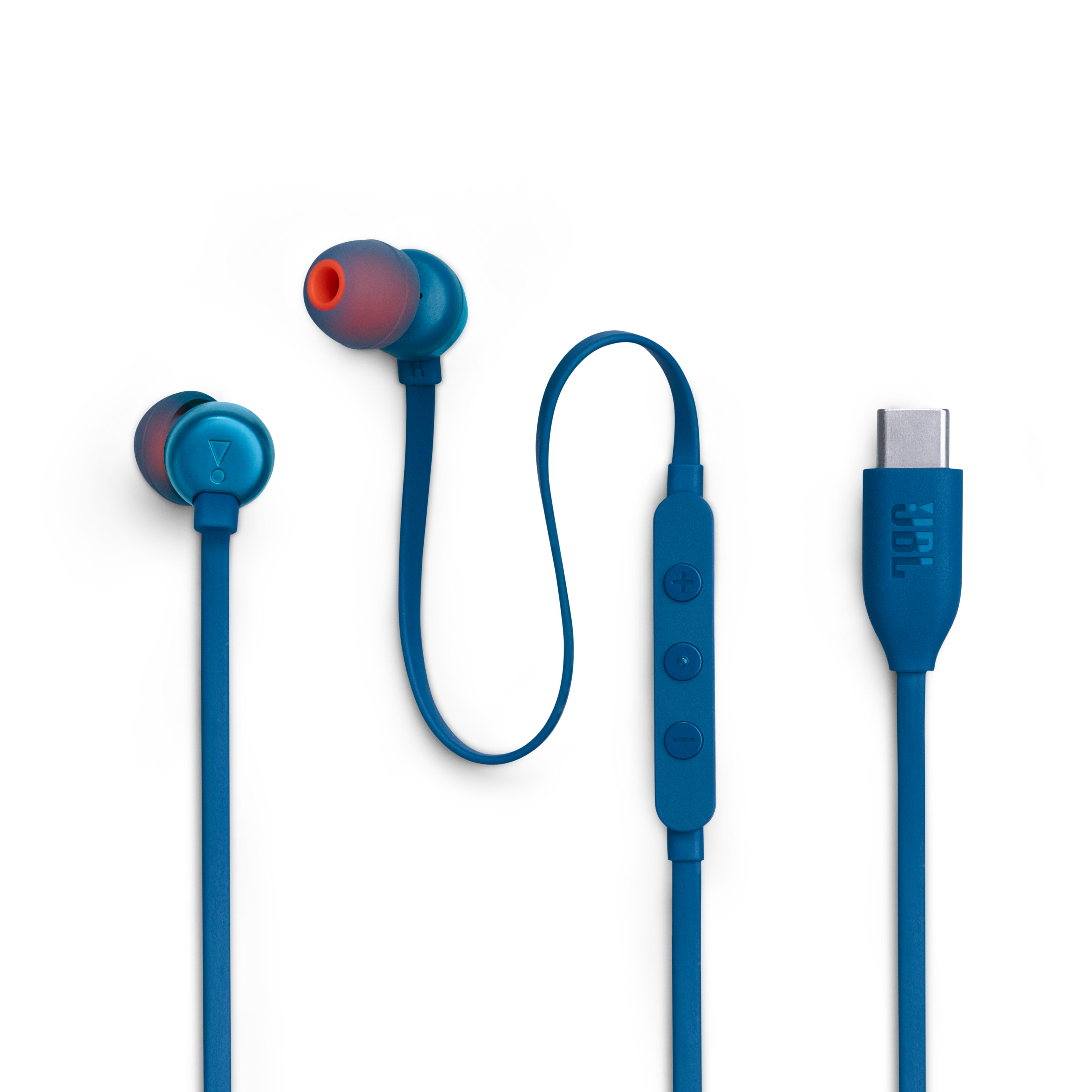 Blaue JBL kabelgebundene Ohrhörer mit blauer Steuerung und USB-C-Anschluss auf weißem Hintergrund.