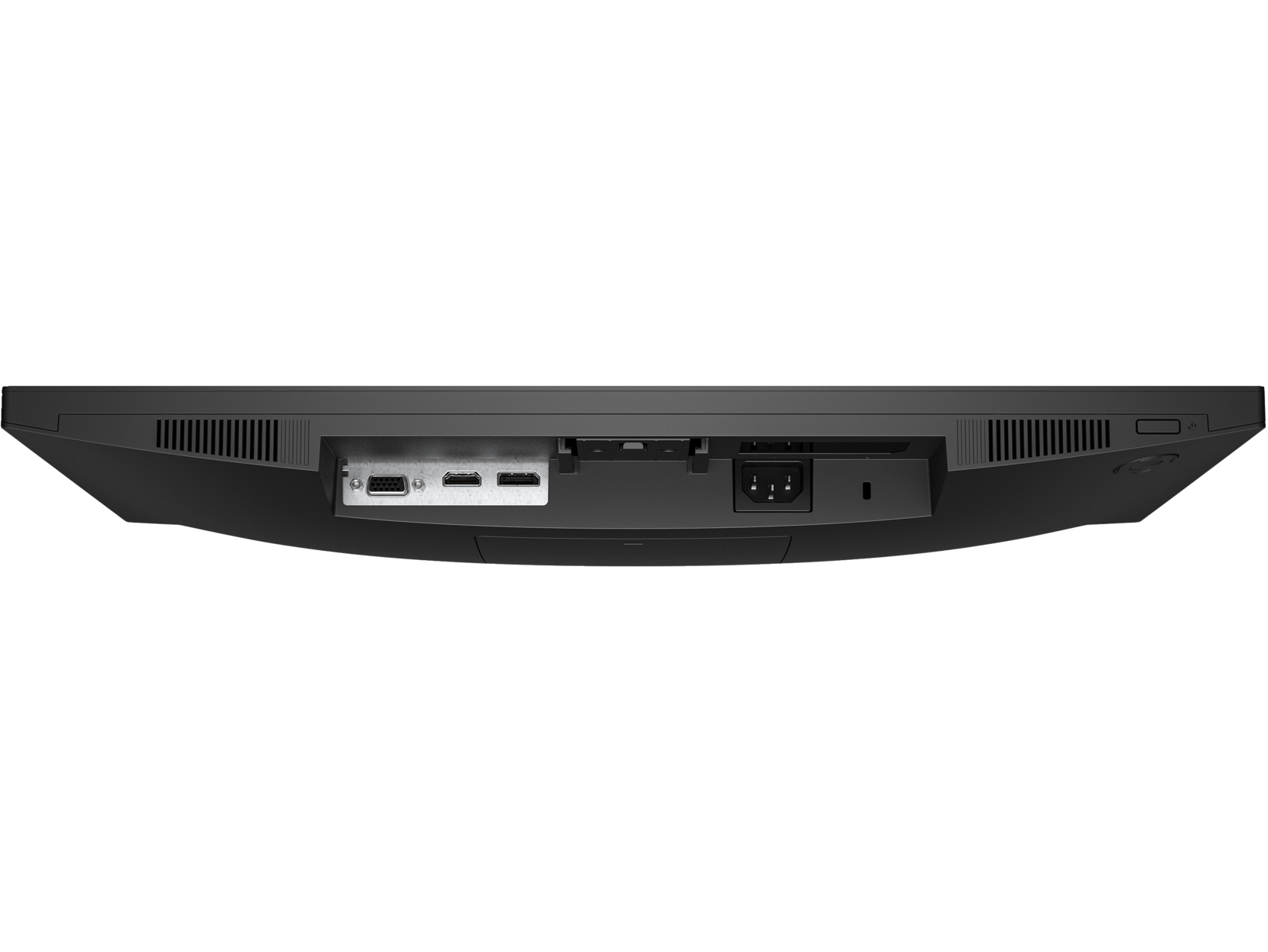 La parte trasera de un monitor de computadora negro que muestra varios puertos y un conector de alimentación.