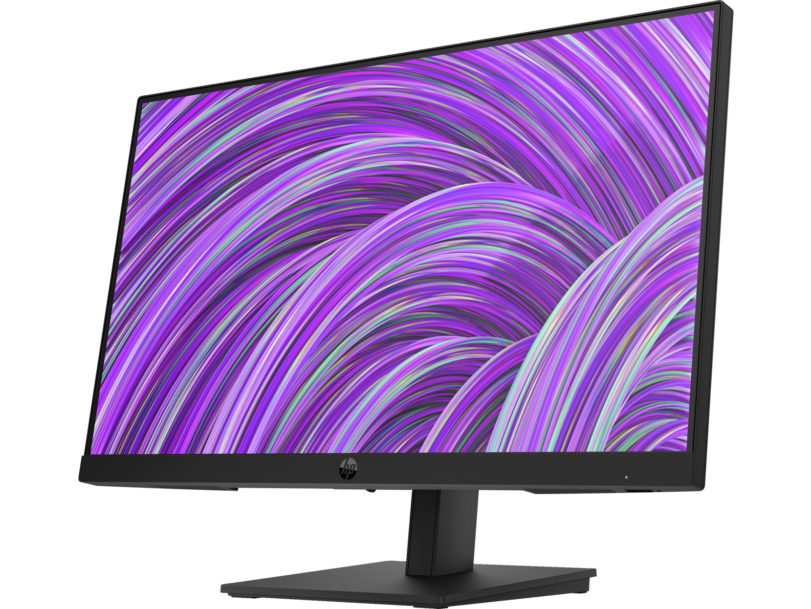 Monitor negro con diseño arremolinado morado y blanco. Soporte y bisel negros visibles.