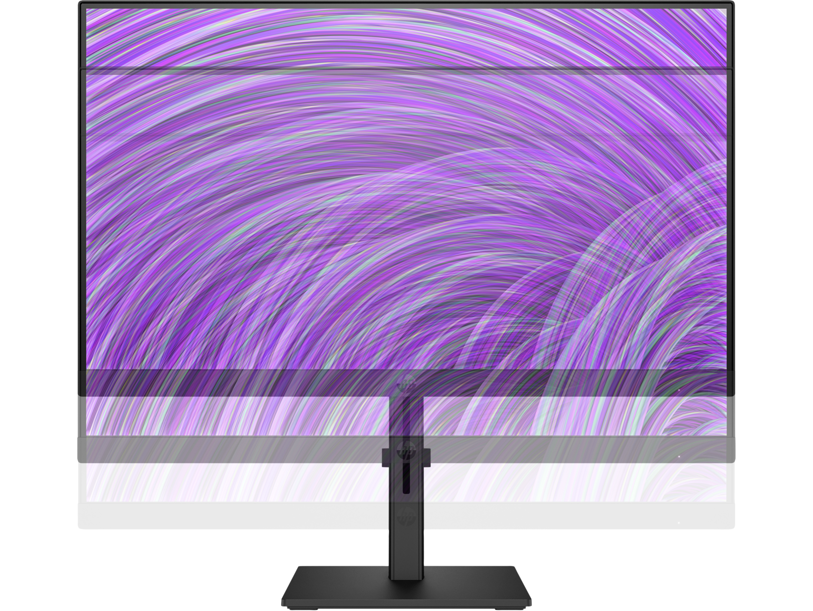 Monitor curvo muestra un patrón abstracto púrpura y blanco. La base es negra.