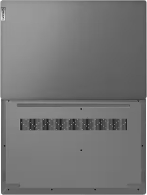Laptop, von oben betrachtet. Der Bildschirm ist geöffnet und zeigt ein graues Innere mit Lenovo-Logo oben.